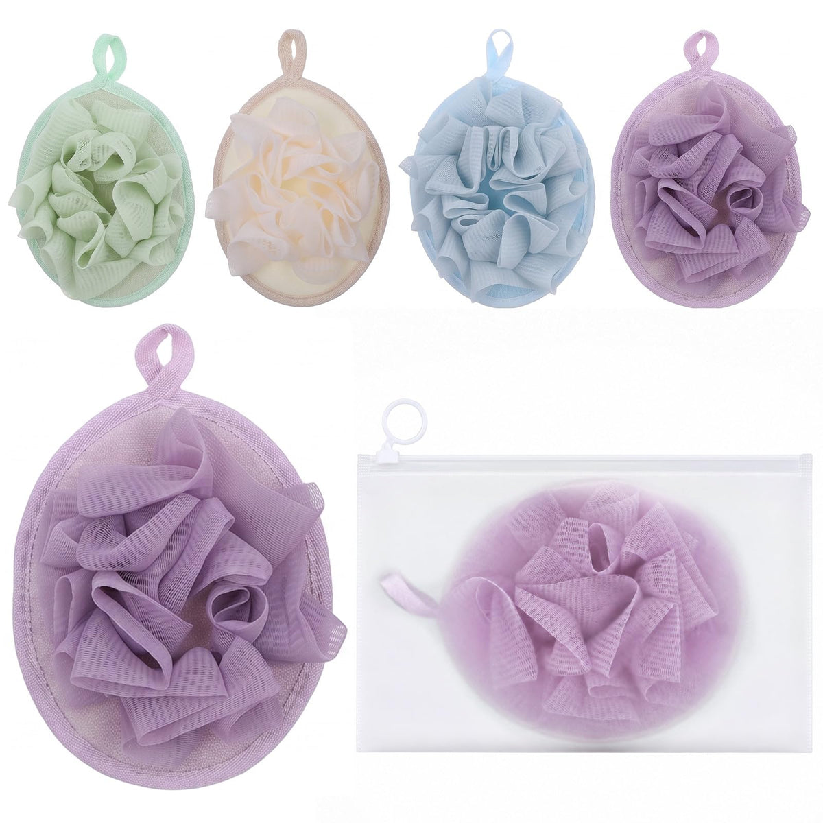 4 Pcs Larger Lightweigh Travel Size Loofah with 4 Travel Storage Bags