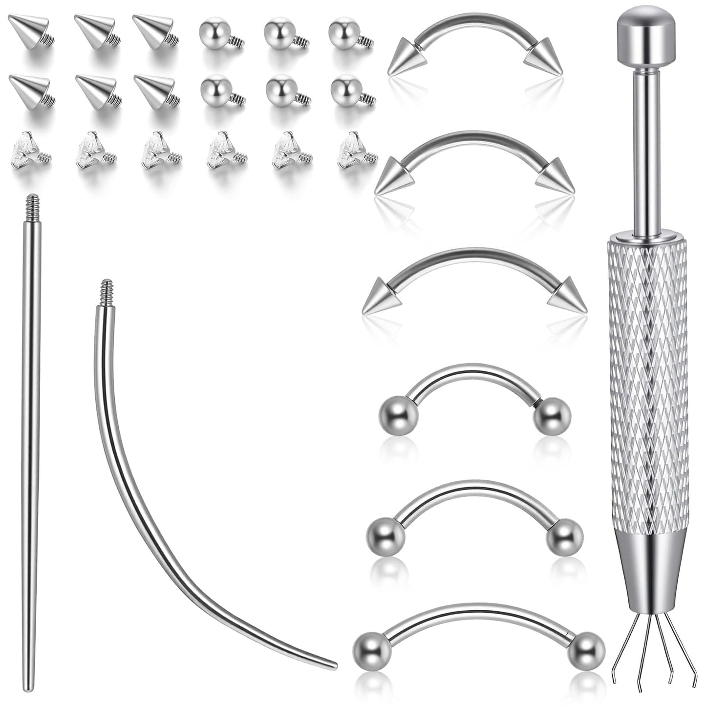 Eyebrow Piercing Jewelry with Piercing Tool, Surgical Steel Curved Barbell with CZ, Ball & Spike Replacement Ends, Internally Threaded Eyebrow Rings Rook Ring Vertical Labret Lip Jewelry for Women Men