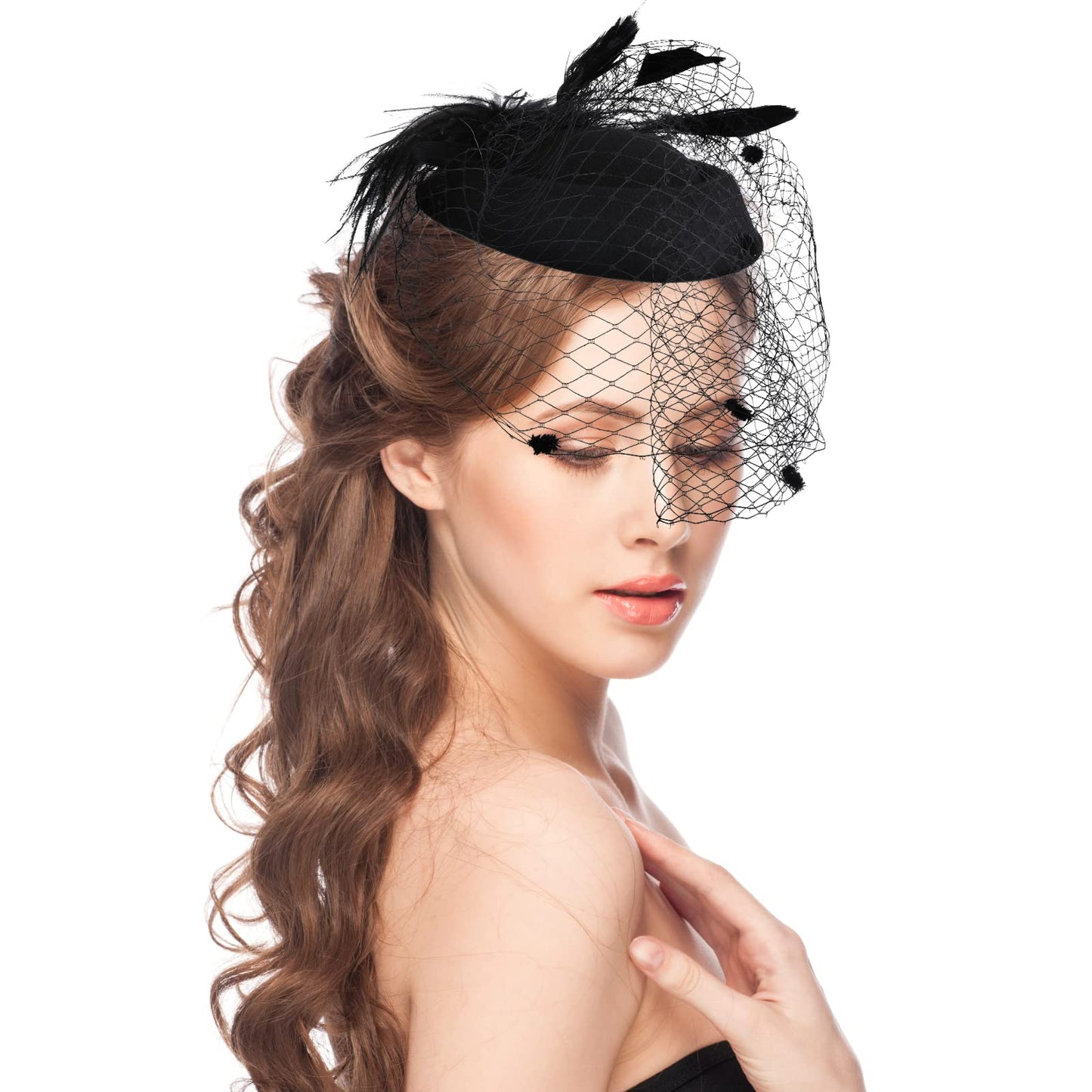 Yolev Fascinator Hat Veil Feather Fascinators Hair Clip Tea Party Pillbox Derby Hat Cocktail Tea Party Headwear for Girls and Women Black