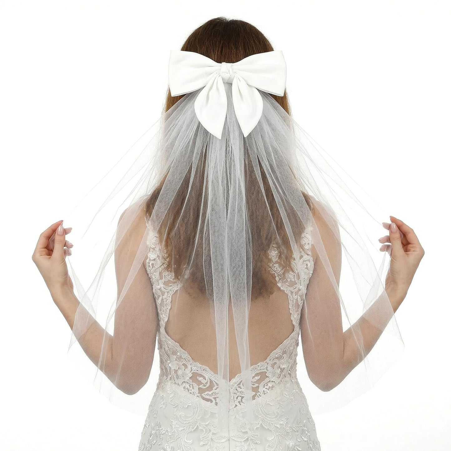 Ziuohaa White bow veil Clip - Tulle veils for women wedding - bridal bow velo de novia para boda Elegant Wedding Hair Accessories For Bachelorette Party And Bridal Shower