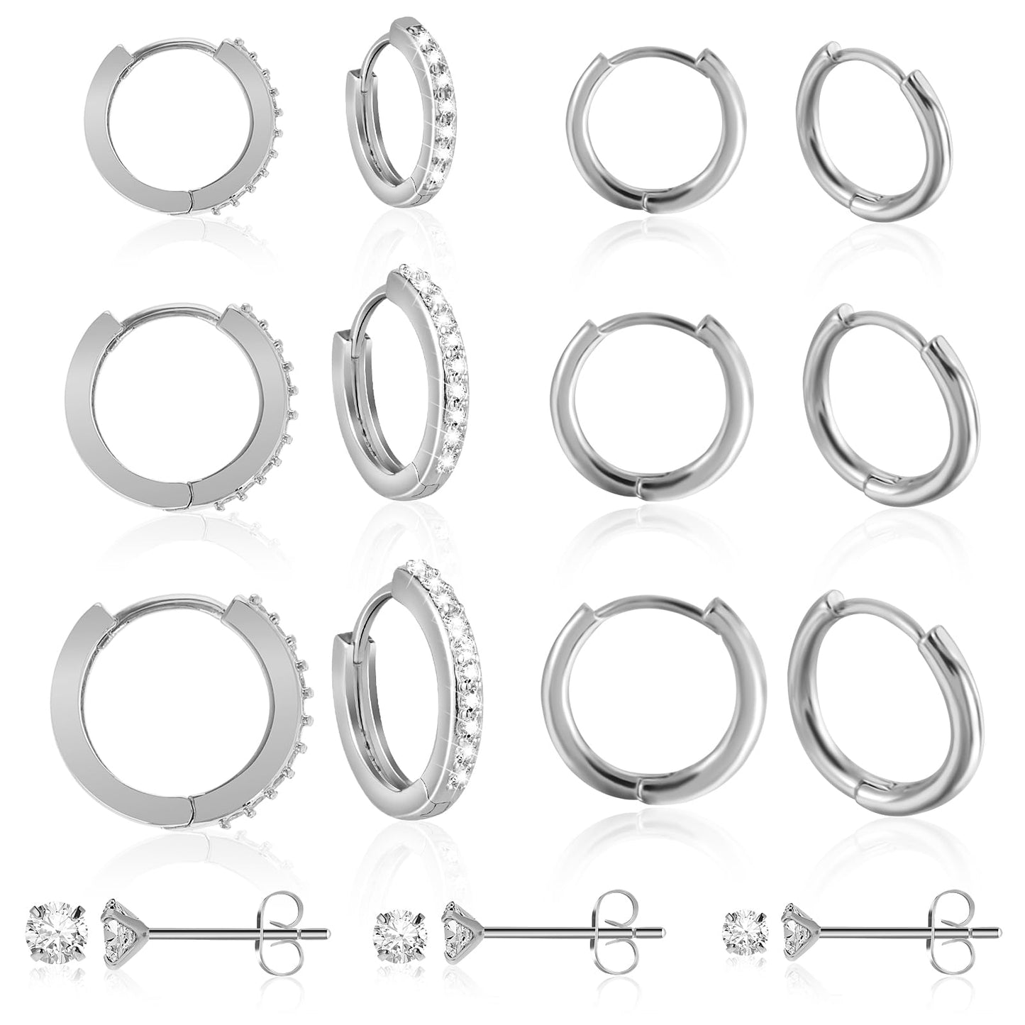 Huggie Hoop and Stud Earrings Set 9 Pairs 14K Gold Plated Hoops Earrings 925 Sterling Silver Earrings Piercing Jewelry Set for Birthday Gifts(Silver)