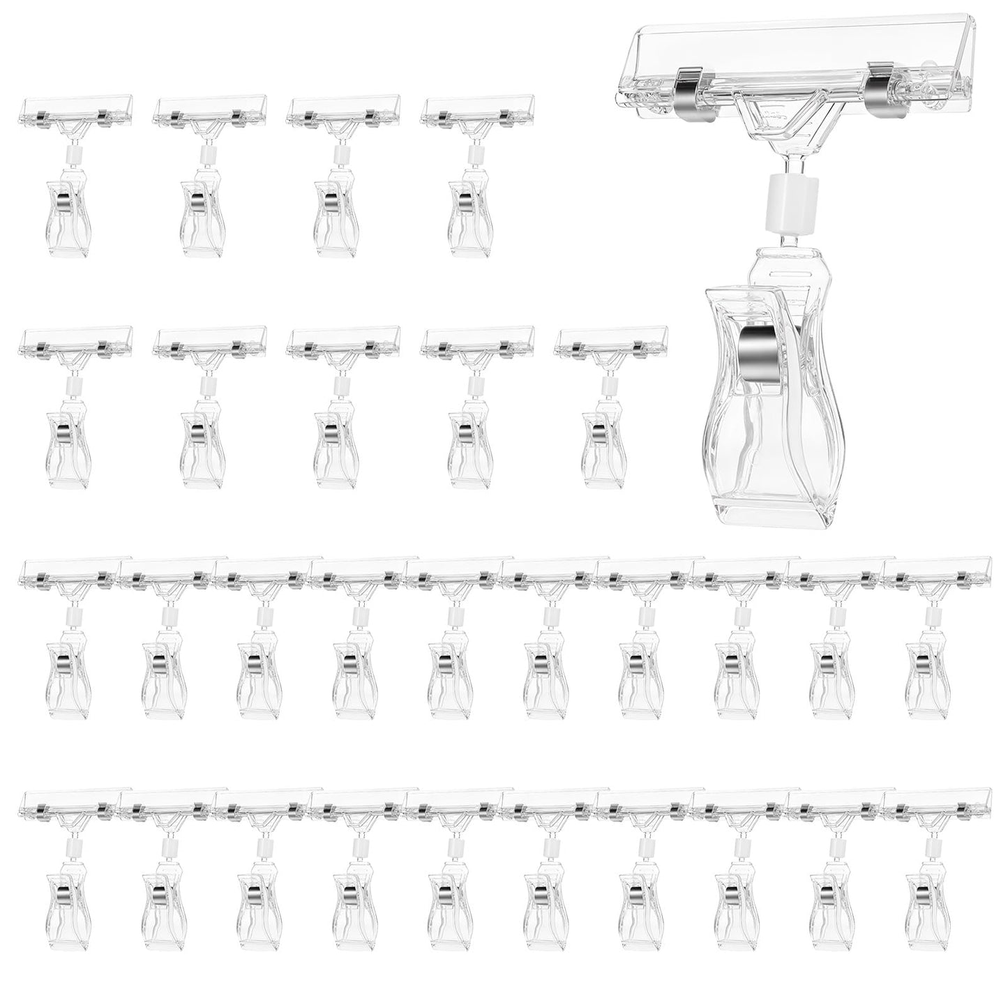 Telooco 30PCS Clear Sign Clips Plastic Rotatable Pop Clip Sign Holder Stand for Merchandise Display, Sign Holder Clips for Retail, Double Display Clips for Retail Rack, Baskets, Cards