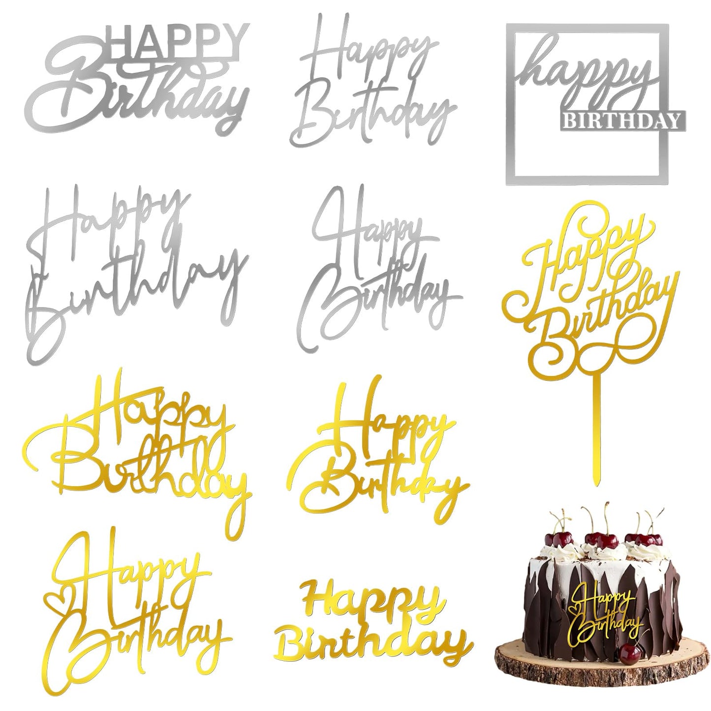 10PCS Happy Birthday Cake Toppers Side Mirror Acrylic Cake Topper Gold Silver Happy Birthday Cake Decorations Cake Inserts Cake Decor Birthday Cupcake Toppers for Birthday Party Cake Desserts Supplies
