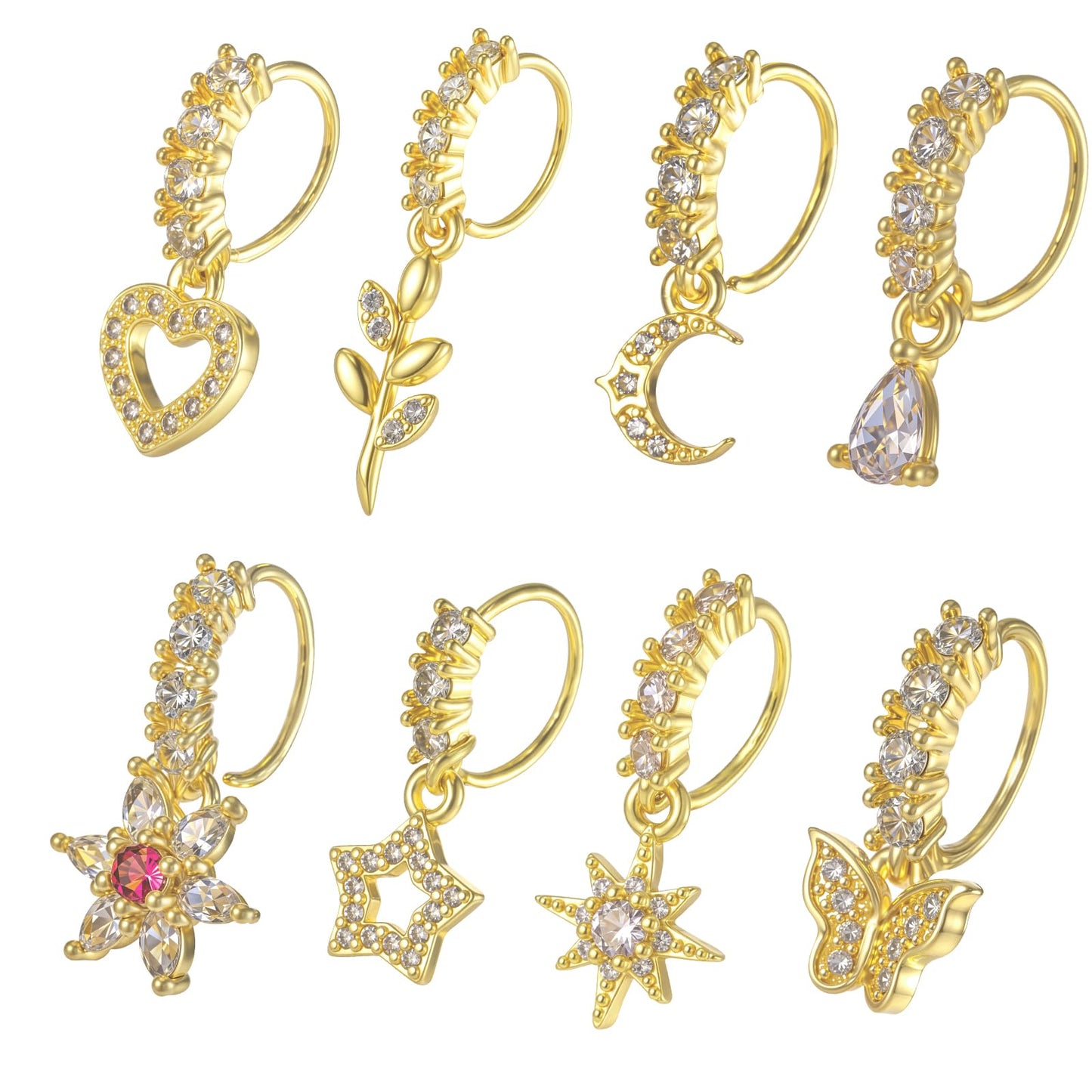 Yolev 8 Pcs 20g Dangle Nose Rings Hoop for Women Septum Nose Piercing Jewelry Studs Women L Shaped Dangling Nose Stud Hoop Nose Piercing Jewelry Heart Star Nose Rings