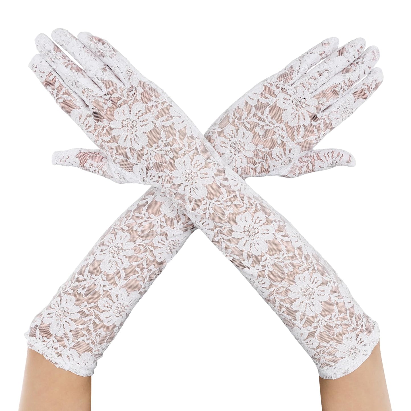 Women's Long Lace Floral Gloves Elbow Length Gloves Bridal Dance Gloves Stretchy Wedding Tea Party Gloves 1920s Costume(White)