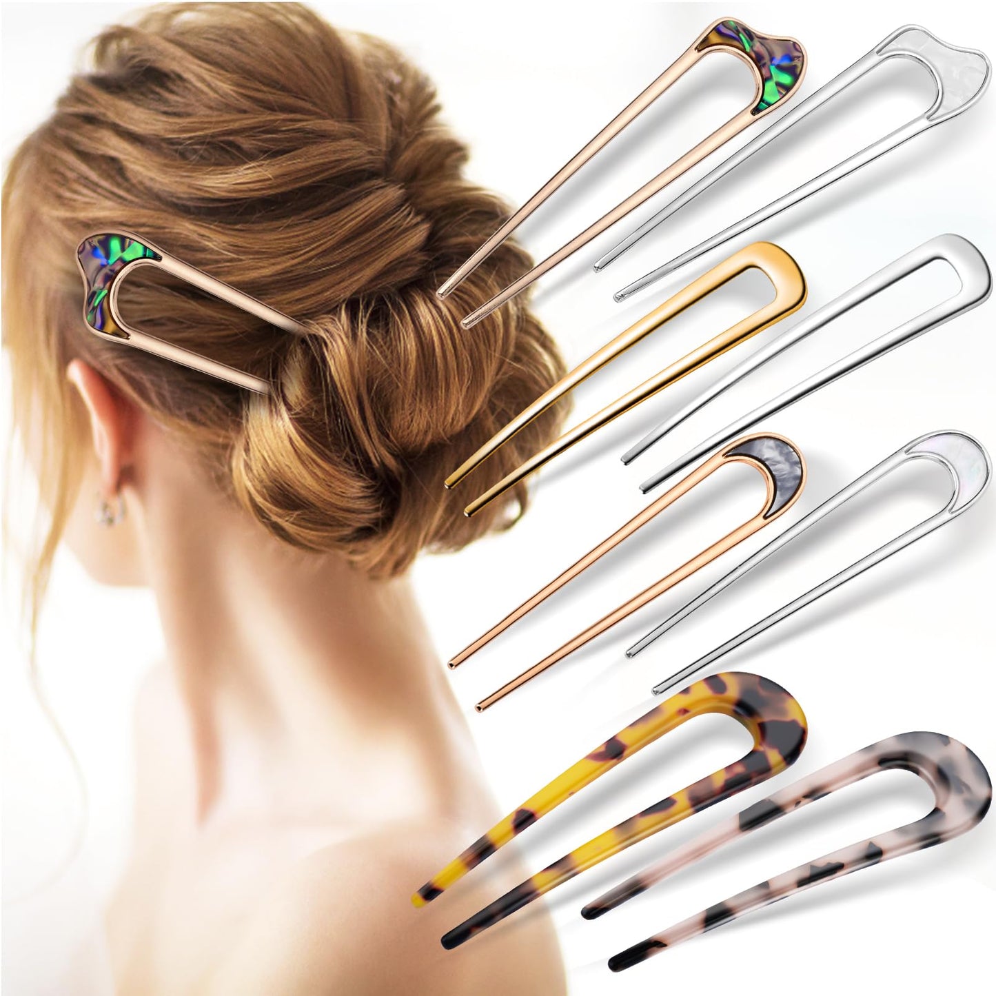 8 Pcs French Hair Pins 8 Style U Shaped Hair Fork Retro 2 Prong Updo Chignon Pins for Women Girls Hairstyle Accessories