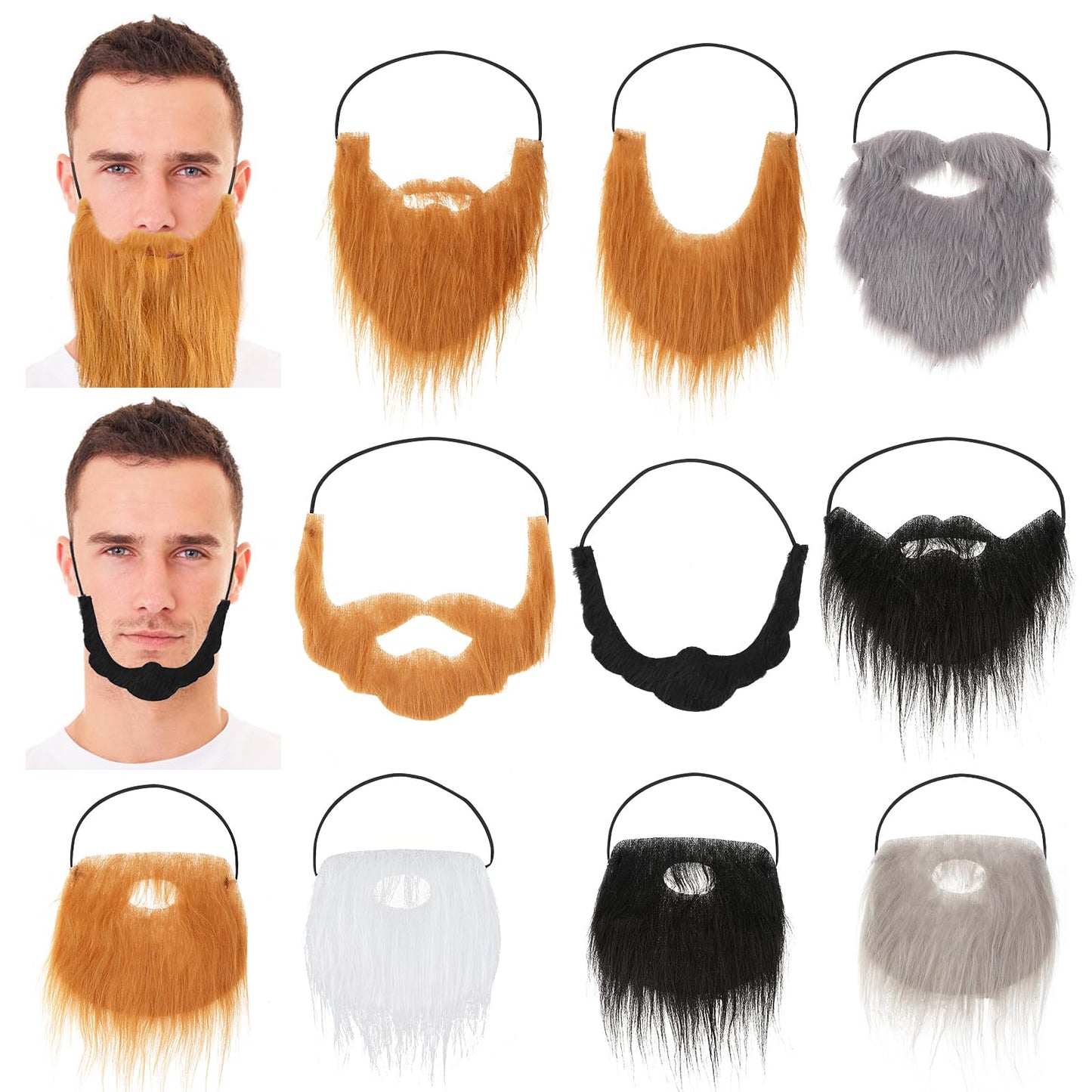 Lusofie 10Pcs Fake Beard Long Fake Beards Mustaches Old Man Costume Beard with Adjustable Elastic Rope Funny Halloween Facial Hair Accessories for Party Santa Cosplay Adult