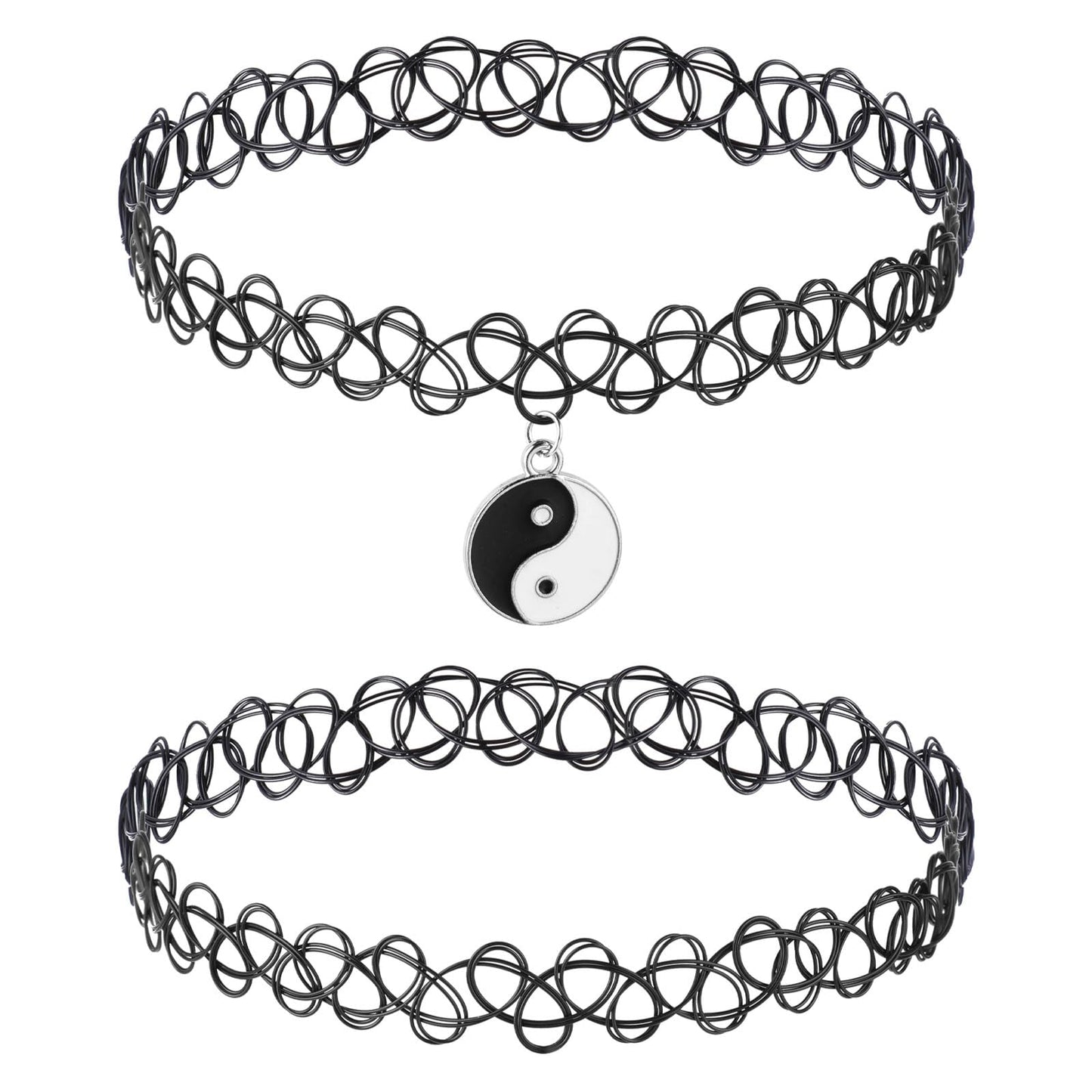 DIVINA VITAE 2 Pcs Black Tattoo Choker Necklace Set for Woman Stretchy Henna Jewelry 90s Choker Necklace Accessories for Women Teen Girls Kids - Black Pendant Charm for Jewelry Gift Summer Style