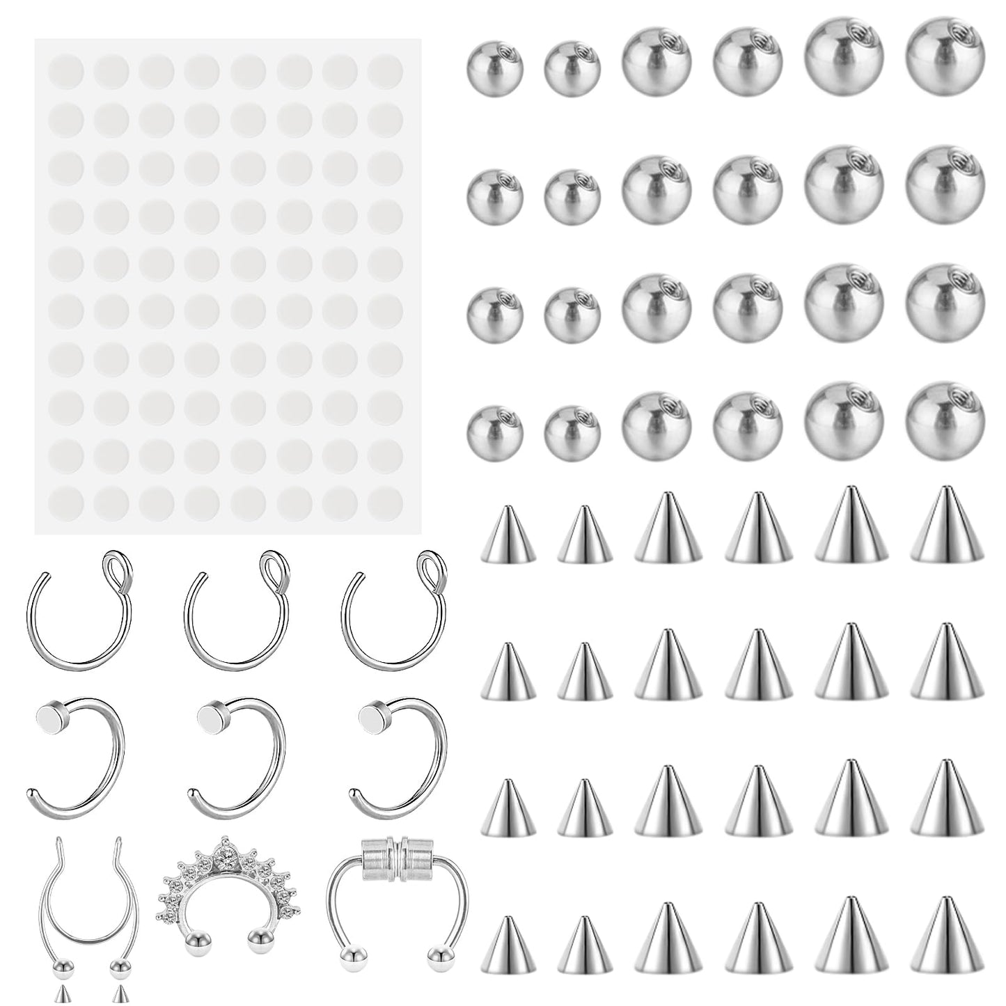 Telooco Fake Eyebrow Ring Fake Lip Nipple Studs Replacement Balls Spike Fake Nose Rings Hoop Fake Septum with 100Pcs Sticker Non-Piercing Body Jewelry 3MM 4MM 5MM