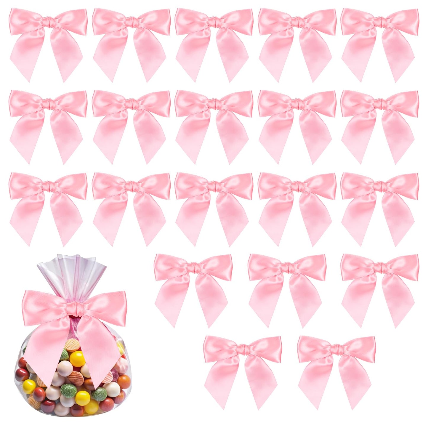Lusofie 20Pcs Pink Satin Bows for Crafts 4.5" Pre-Tied Pink Bows for Gift Wrapping Large Satin Twist Tie Bows for Baby Shower Wedding Christmas Thanksgiving (Pink)