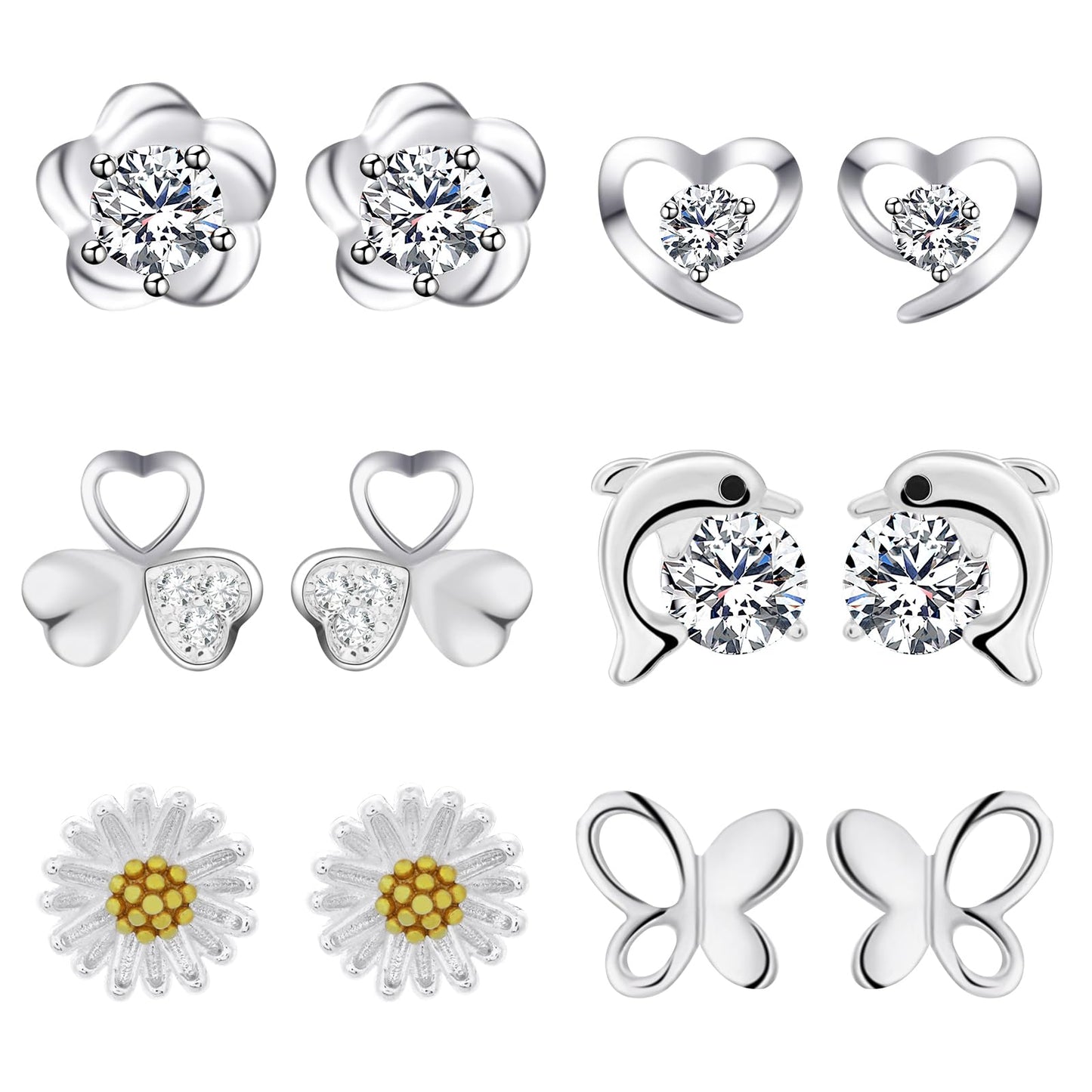 Telooco 6 Pairs Silver Stud Earrings for Women Cartilage Hypoallergenic Earrings Set Small Cute Butterfly Heart Flatback Studs for Girls Cubic Zirconia Stud Earrings