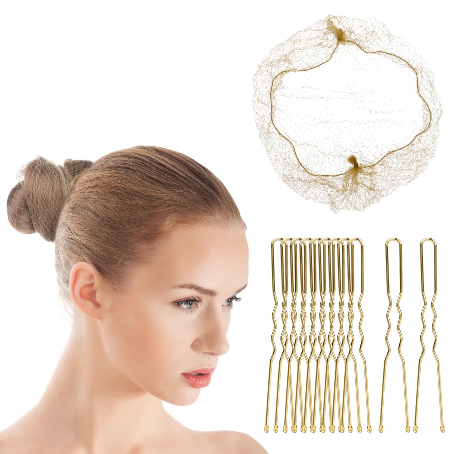 Hair Nets for Buns 50PCS Invisible Hair Net with 40PCS U Shaped Hair Pins for Buns Blonde Tulle Hair Net for Women, Nurse, Ballet Bun Maker Dance (Brown)