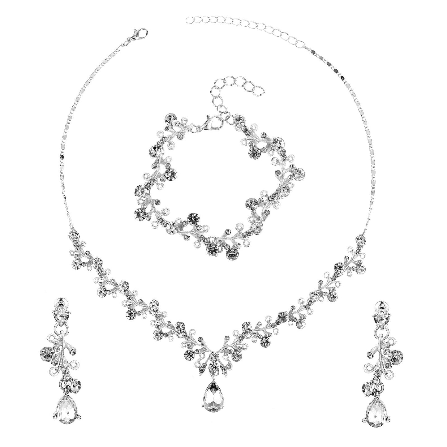 Yolev Rhinestone Wedding Jewelry Sets for Bridal Women‘s Crystal Necklace Bracelet Earrings Set Jewelry Set for Brides Bridemaid Prom Costume Accessories (Silver)