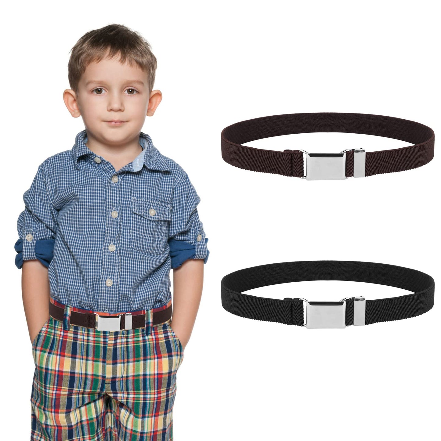 Lusofie 2Pcs Elastic Stretch Kids Belt with Easy Silver Square Buckle Adjustable Toddler Belt for Boys and Girls(Black, Coffee)
