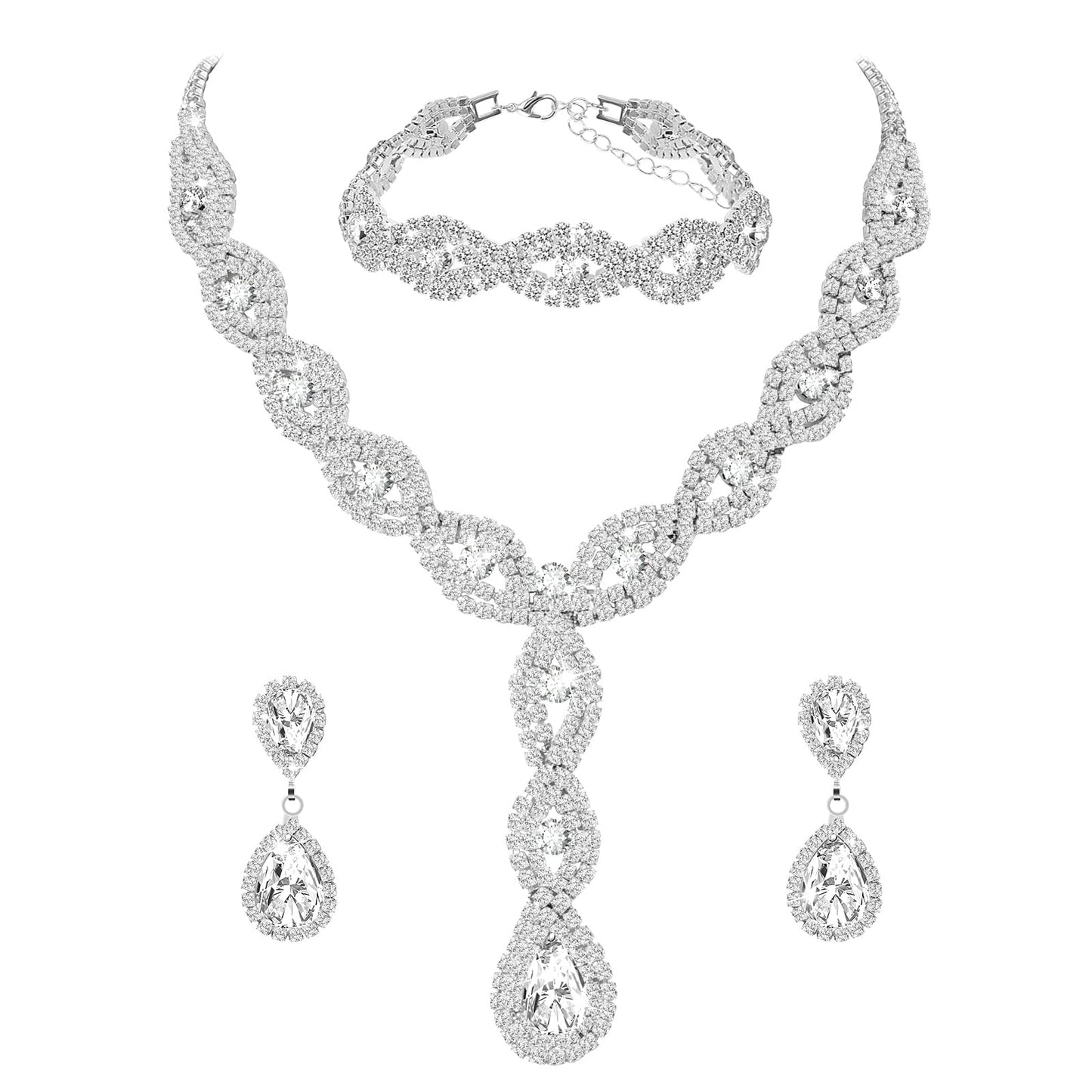 Women's Wedding Rhinestone Bride Jewelry Sets Evening Costume Jewelry ShinyCrystal Bridal Teardrop Dangle Necklace Bracelet Dangle Earrings Set for Wedding Party