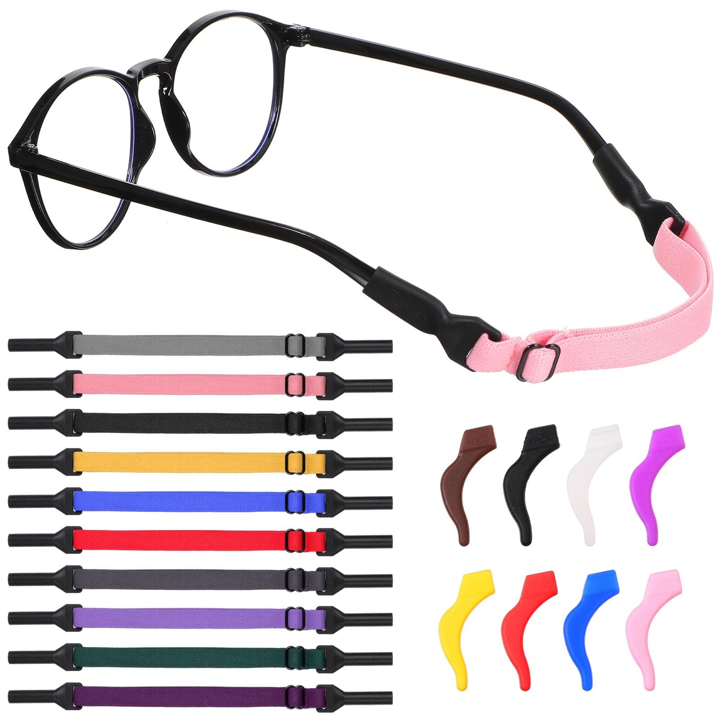 Josojoou 10PCS Glasses Strap and 10 Pairs of Ear Hooks, Non-slip Adjustable Glasses Holder Strap, Suitable for Any Type of Sunglasses