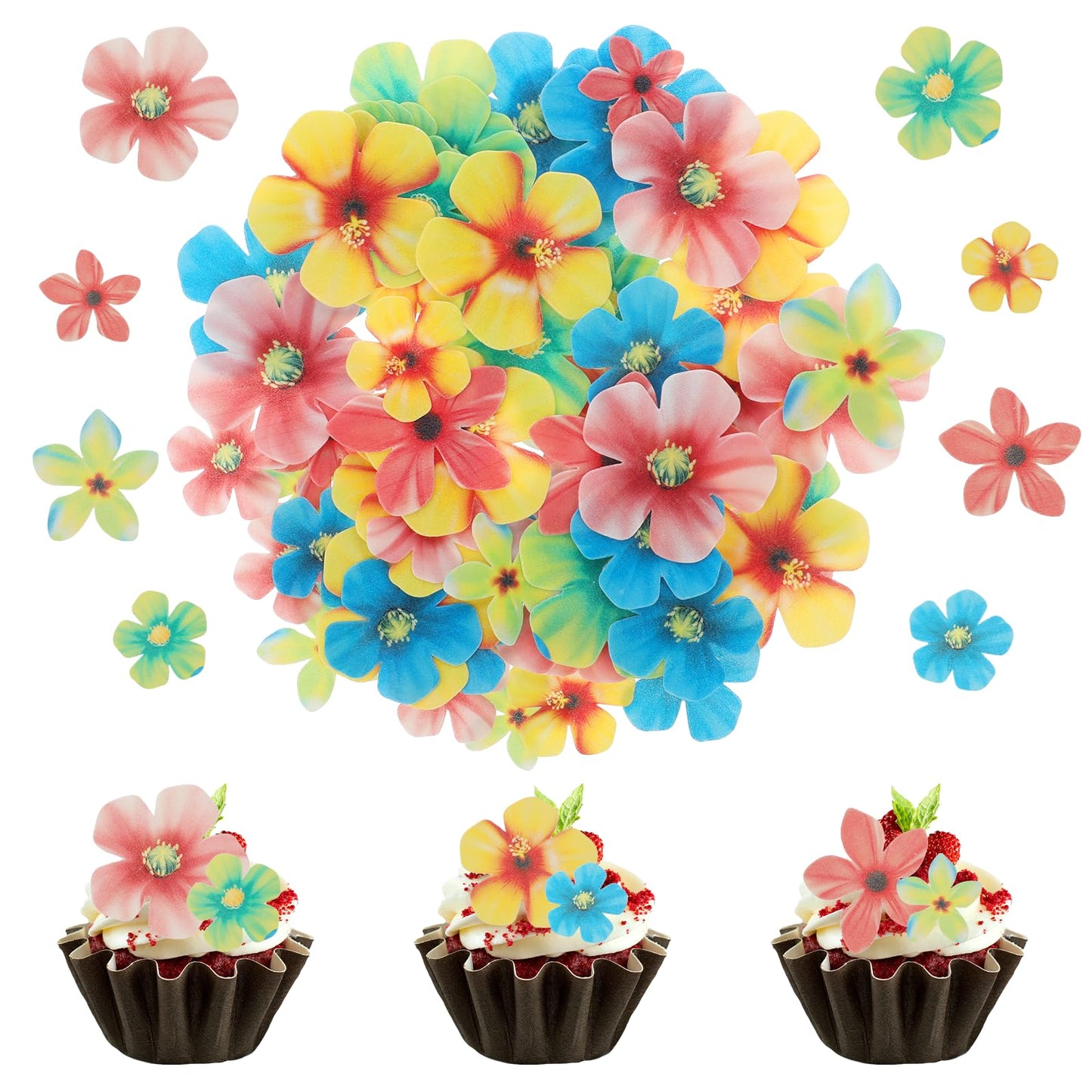 70 Pcs Hawaii Flowers Cake Decorations Edible Cupcake Topper Wafer Paper Flower Cake Topper Edible Cake Flowers Hawaiian Flowers for Cake Decorating Luau Themed Party Birthday Cake Decoration