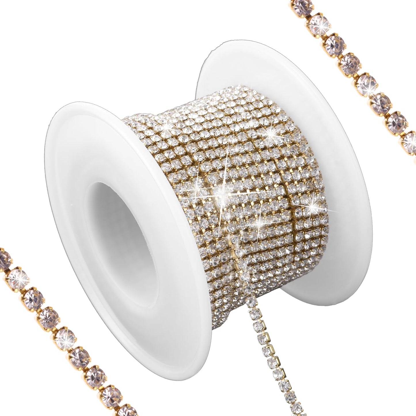 Lusofie 10 Yards 2MM Crystal Rhinestone Close Chain Gold Rhinestone Chain Claw Rhinestone Trim Roll String for Crafts Clothes Sewing Jewelry DIY Wedding Decoration