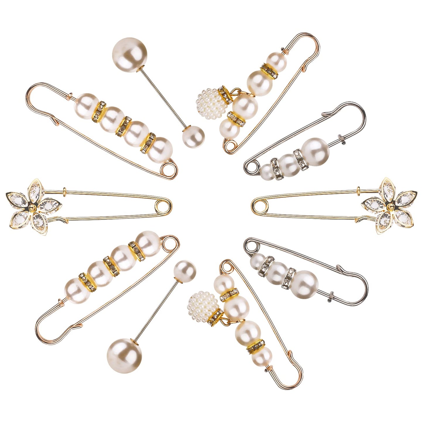 Yolev 10 Pieces Artificial Pearl Brooch Safety Pins Heavy Duty Safety Pins Sweater Shawl Clip Safety Pins Beautiful and Practical Rhinestone Pins for Women