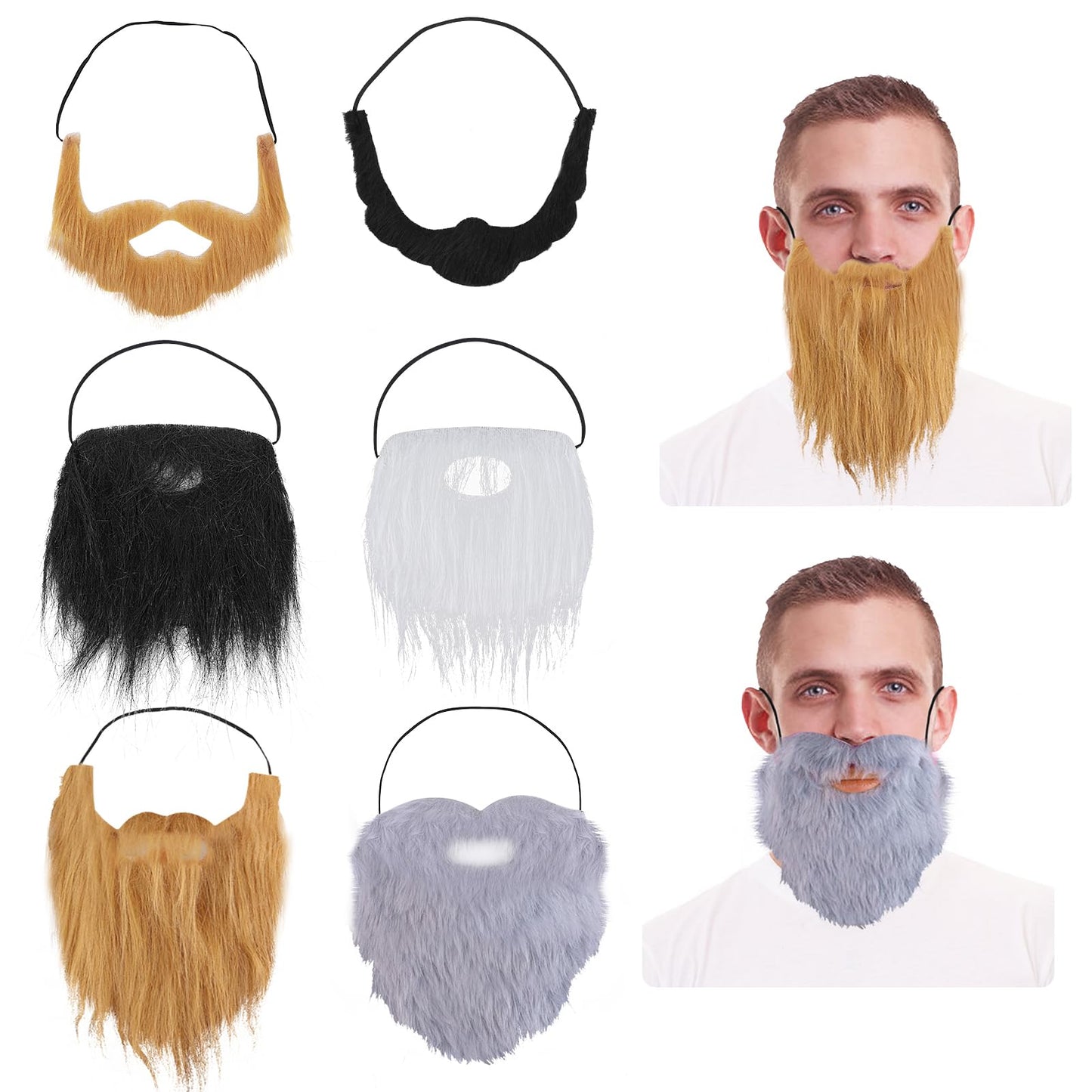Lusofie 6Pcs Fake Beards Hip-hop Fake Mustaches Adjustable Costume Beard Funny Beard Wig Santa Beard Facial Hair Accessories for Halloween Party Cosplay