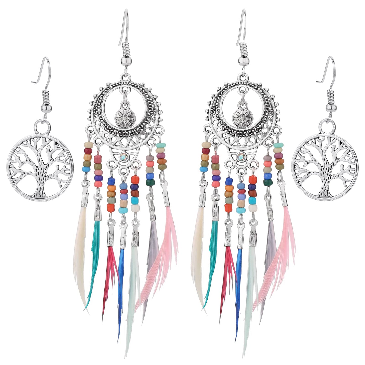 Yolev 2 Pairs Bohemian Earrings Set for Women Feather Tassel Silver Ethnic Retro Boho Statement Earring Set Dangle Earring Colorful Bead for Women Teen Girls Birthday Party Gifts (silver)