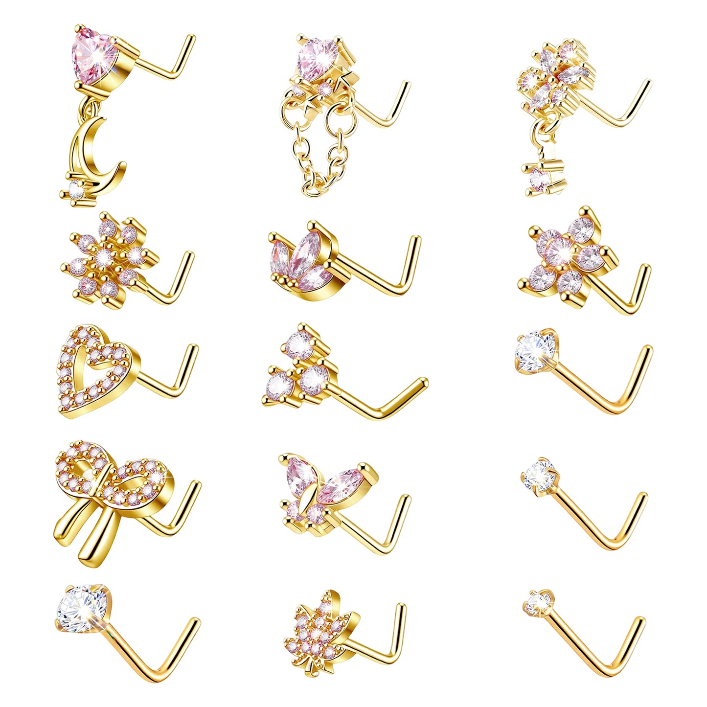 HekouJiub 15 Pcs Nose Rings for Women Gold L Shaped Nose Ring Piercings 20G Zircon Metal Plated Studs Pink CZ Heart Moon Flower Butterfly Cherry Bow Dangle Piercing Jewelry for Women Men