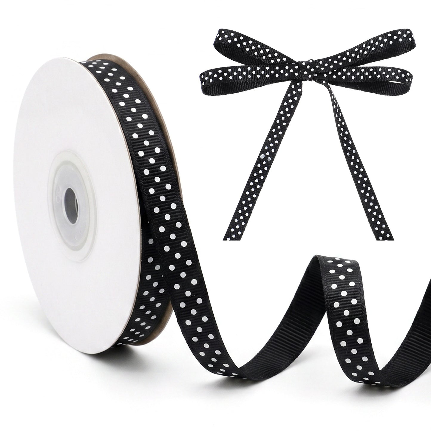 Polka Dot Ribbon 10mmx22m Black Grosgrain Ribbon Polka Dot Craft Tape for Gift Wrapping DIY Hair Bows Christmas Wedding Party Decor (Black and White)