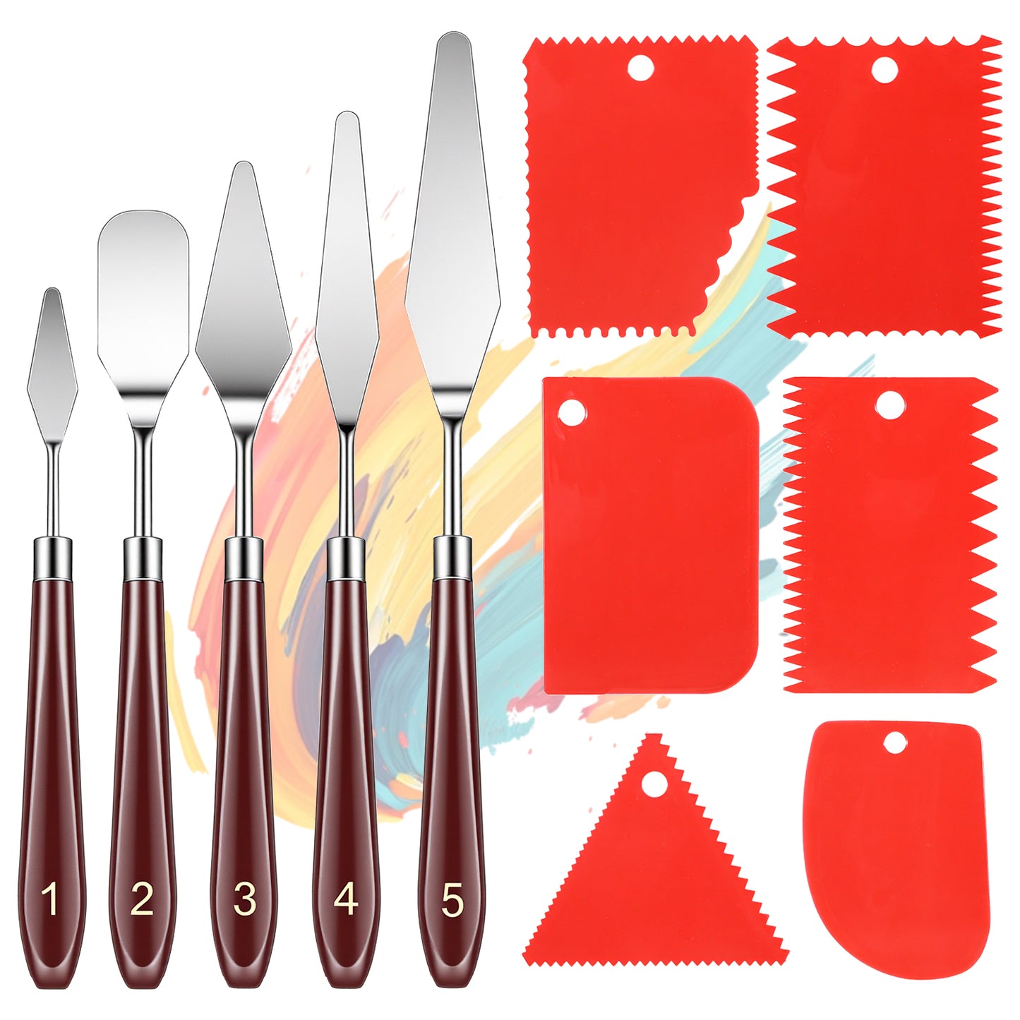 11 Pcs Palette Knife Set 5 Pcs Stainless Steel Palette Knives with 6 Plastic Paint Scraper, Painting Tools for Oil, Canvas, Acrylic Painting and Cake Decorating Applications