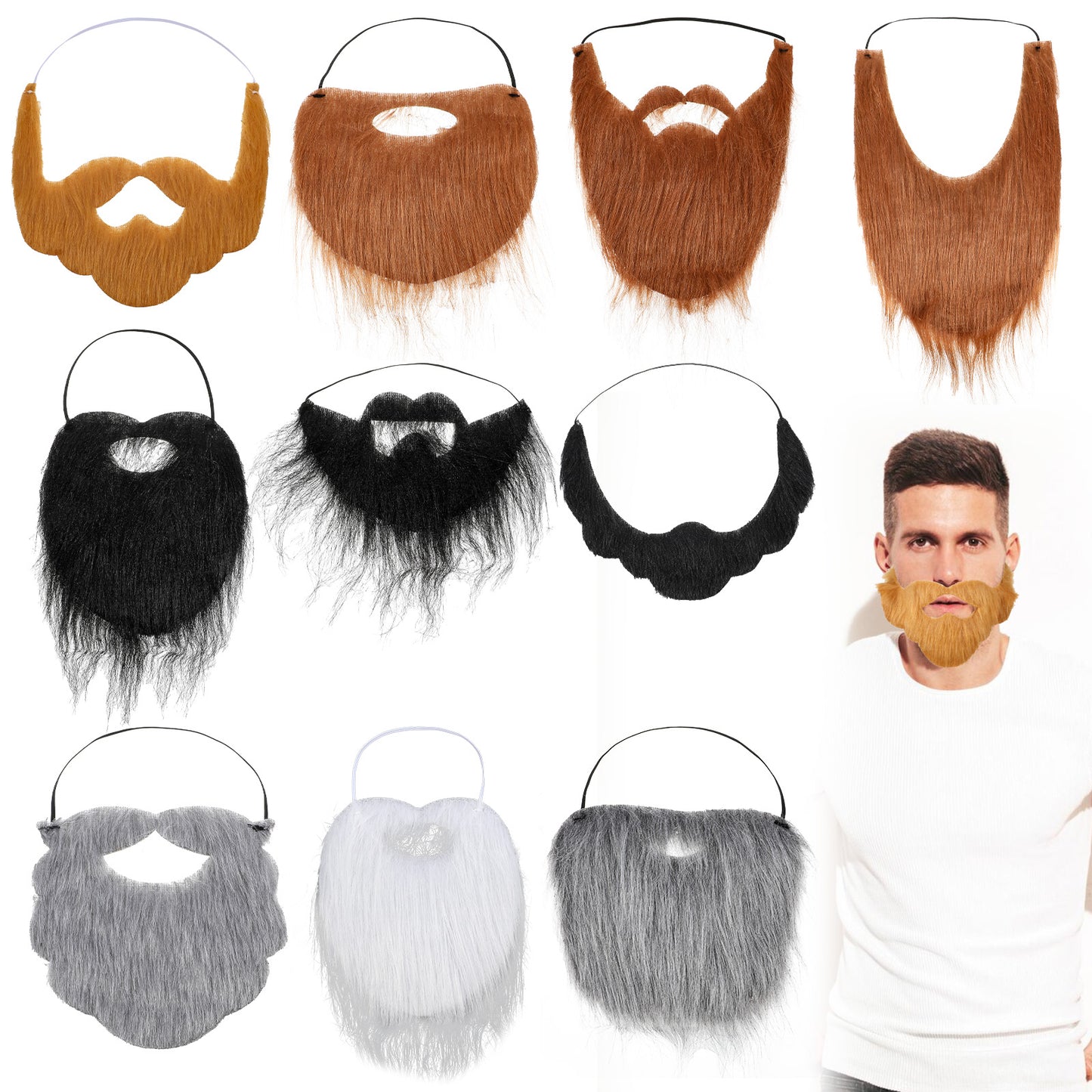 Tucnoeu 10pcs Fake Beard Set, Halloween Funny False Mustaches, Realistic Fake Beard with Adjustable Elastic Rope for Male Makeup Cosplay Halloween Party Supplies