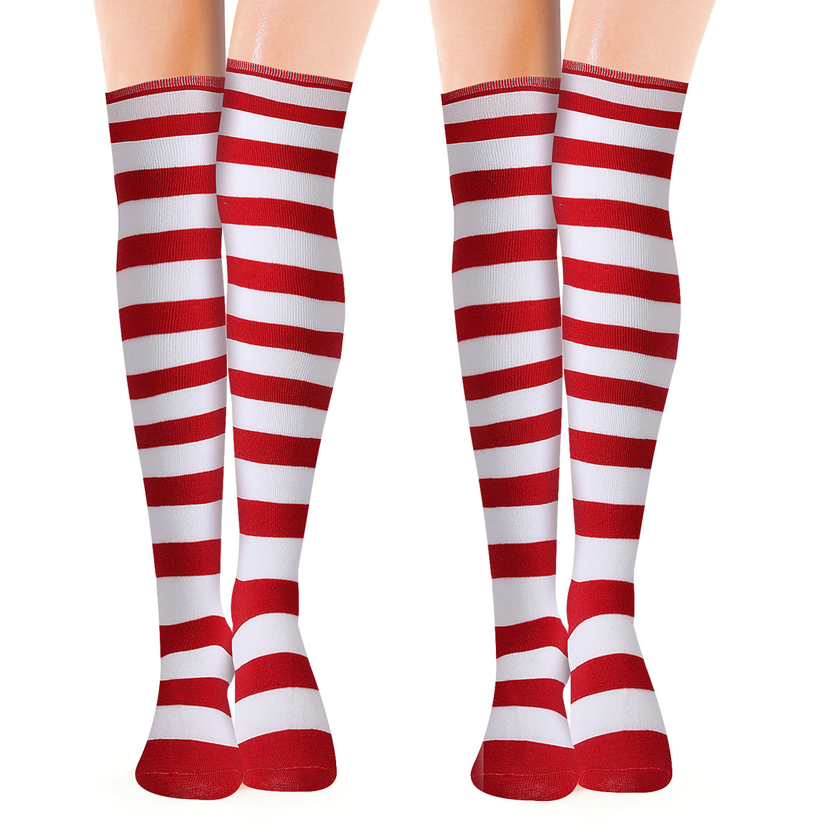 2Pairs Women's Over Knee Thigh High Striped Socks, Red and White Long Socks