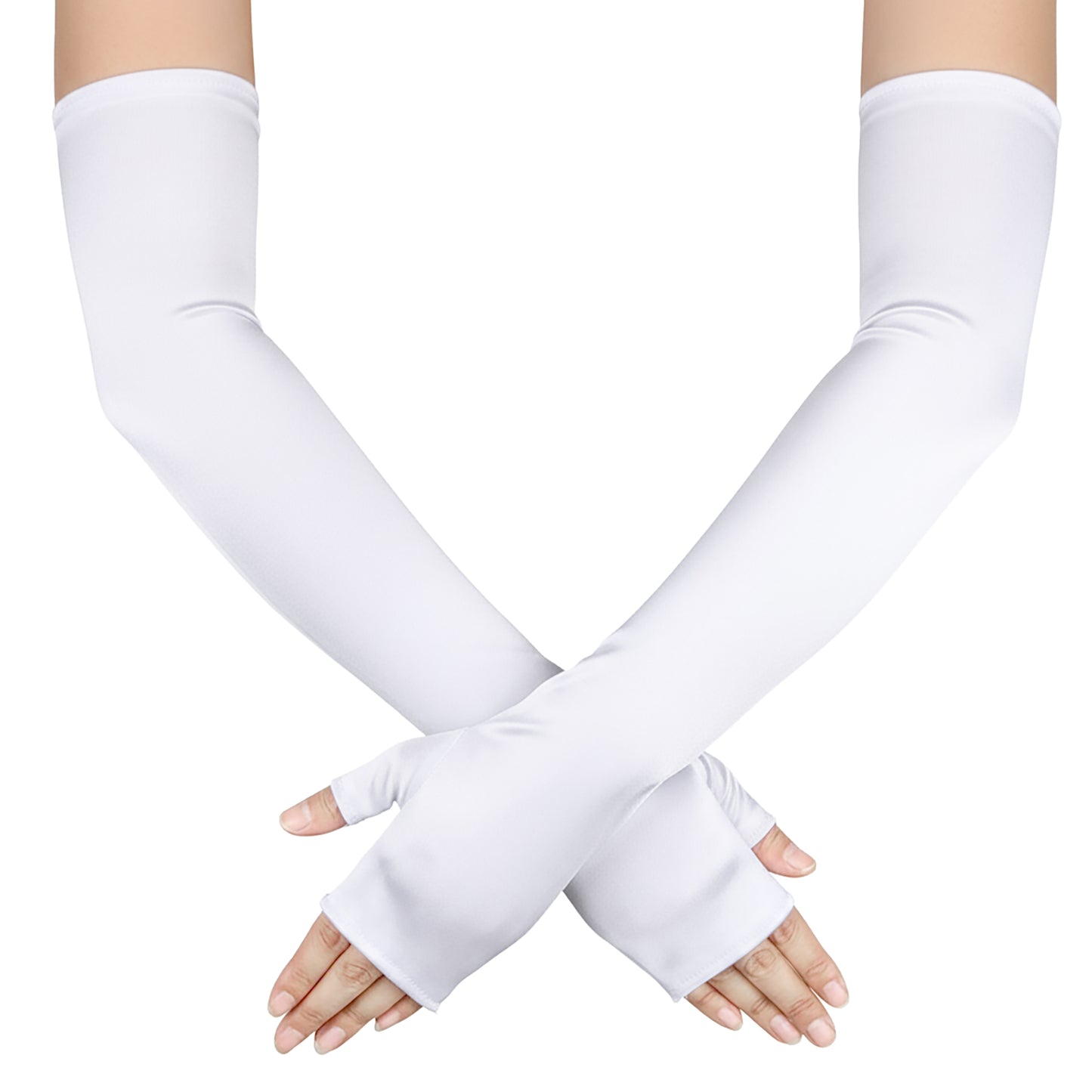 White Long Fingerless Gloves, Satin Arm Warmer Sleeves, Elbow-Length Long Opera Gloves for Brides, Weddings, Parties, Operas, Tea Parties, Balls, Evening Gowns, Cosplay, Halloween, Costumes (White)