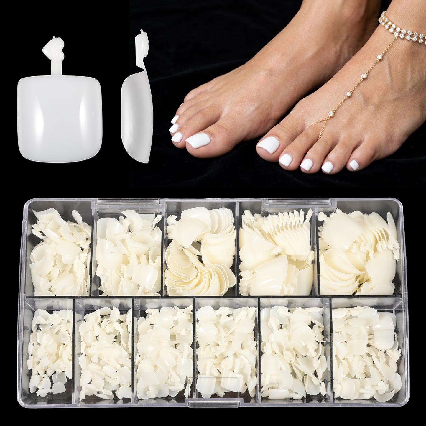 550 Pcs White Toe Nail Press Ons, Press on Toenails Women Fake Toe Nails, Square Fake Toes Nail Tips Glue on Toenail False Nails Feet Stick Acrylic Toes False Toenails Artificial DIY 11 Sizes