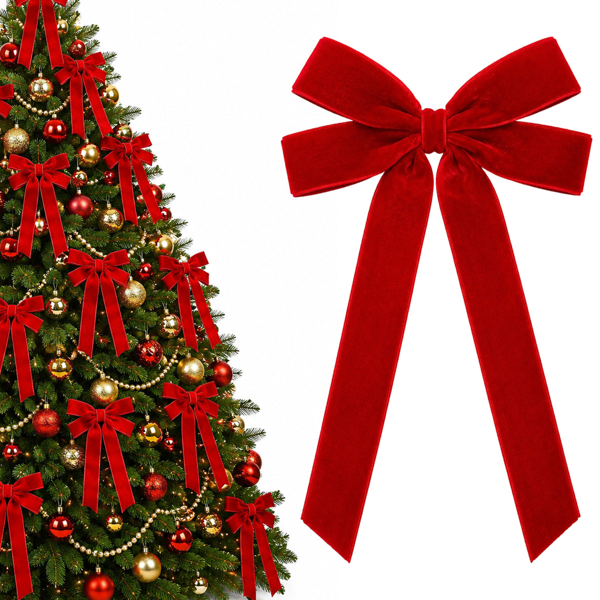 12 Pcs Red Velvet Ribbon 5x10 Inch Red Bow Ornaments for Christmas Tree