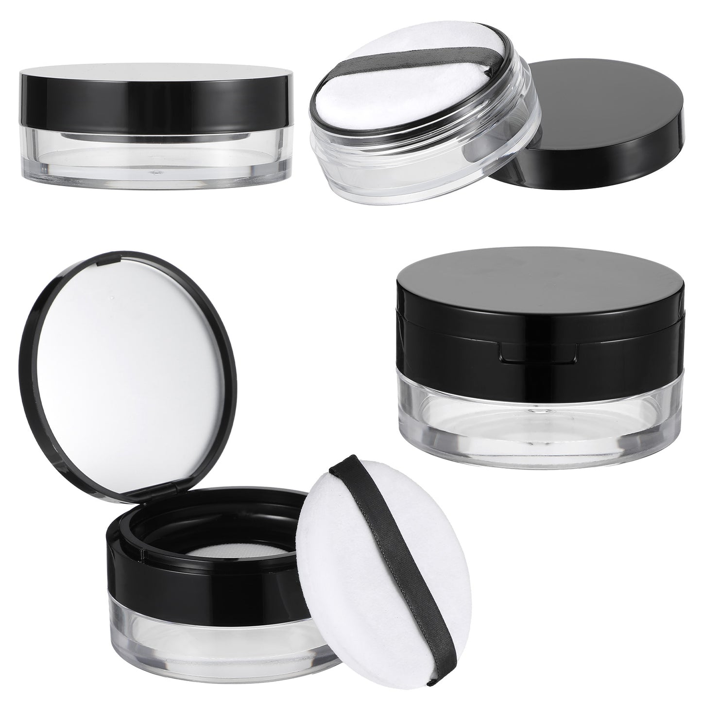 Reusable Plastic Loose Powder Compact Container, 20g And 10g Capacity, With Mirror, Sponge Powder Puff, Elasticated Net Sifter, No Leaks, DIY Makeup Tool, Black