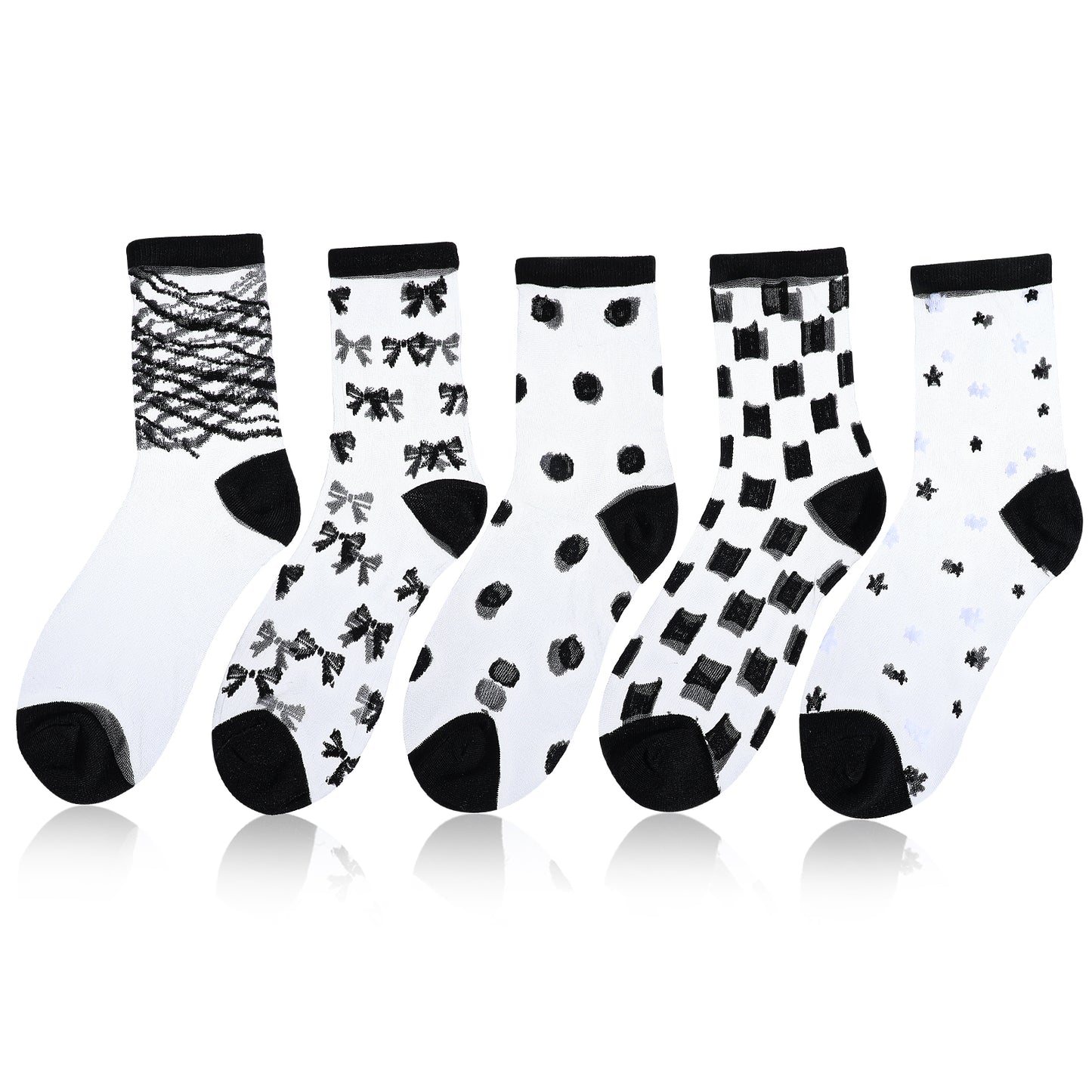 Lusofie 5 Pairs Sheer Socks Black See Through Socks Checkered Dot Striped Plaid Ankle Summer Socks for Women Thin Fashion (Style E)