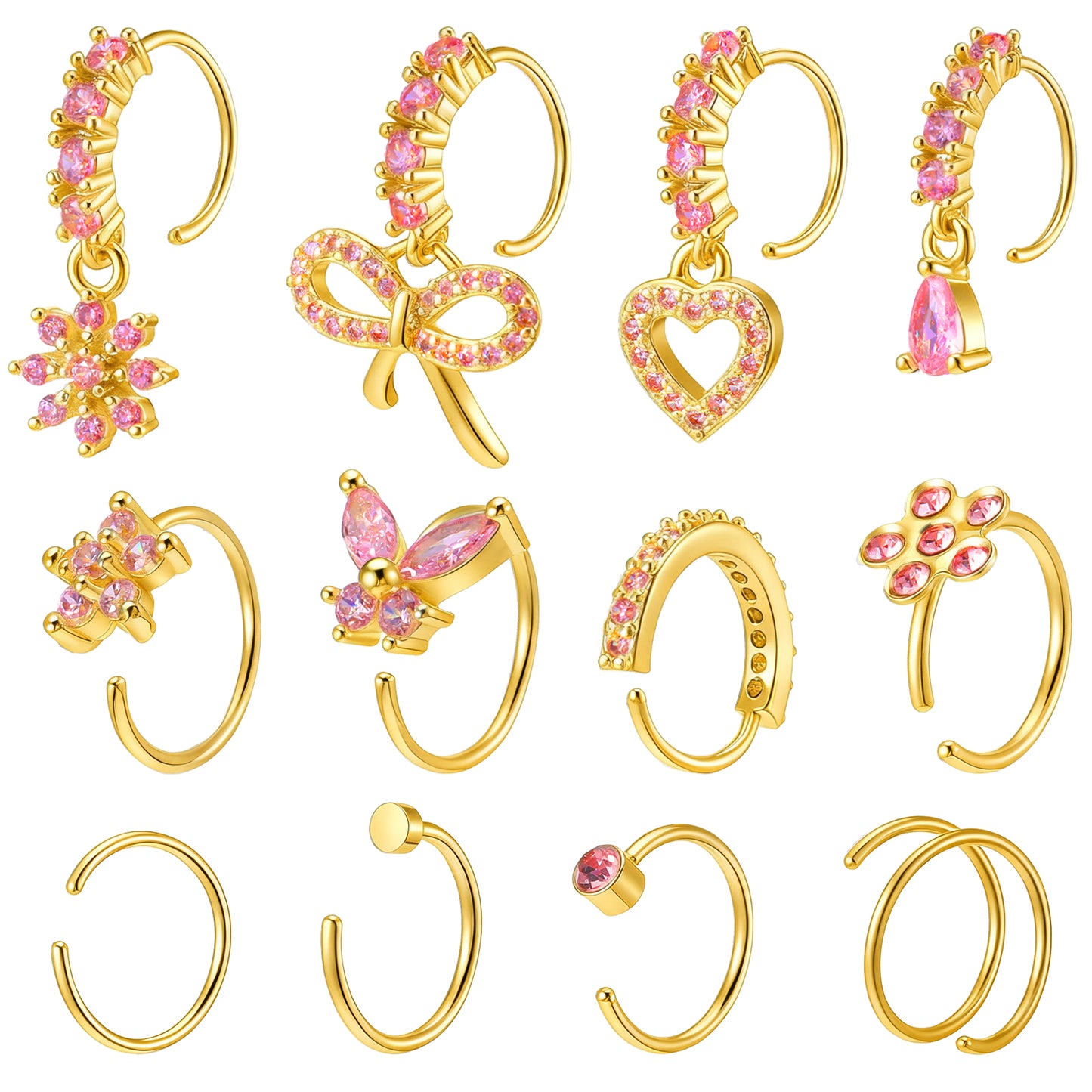 HekouJiub 12Pcs Nose Rings Hoops for Women 20G Gold Plated Nose Rings with Heart Butterfly Flower Bow CZ Charms Women Body Piercing Jewelry