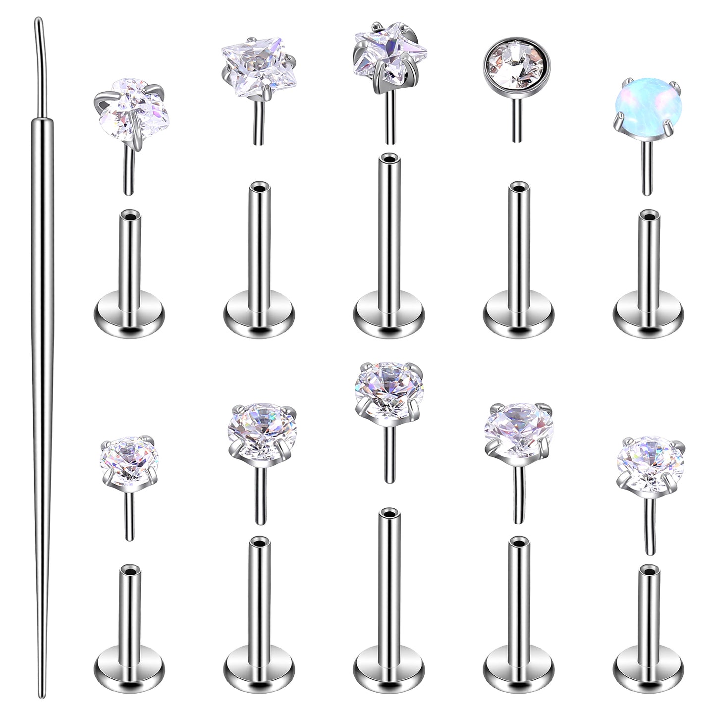 Neyauo 10 Pcs 18G Threadless Push in Flat Back Piercing Jewelry Stainless Steel Nose Rings Labret Lip Studs Cartilage Helix Tragus Earrings 6mm 7mm 8mm Bars for Women Men