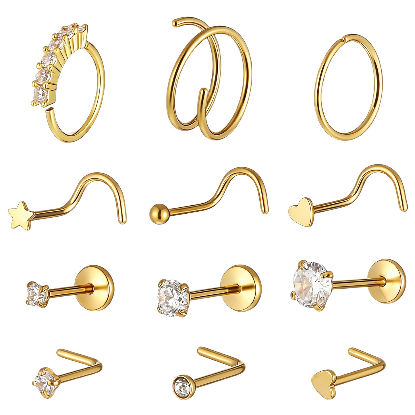 Josojoou 12PCS Gold Nose Piercing for Women, 20G Nose Ring, Stainless Steel Noses Ring with Rhinestones Stars, Hearts, L-shaped Rings, for Noses, Auricle, Ear Cartilage(Gold)