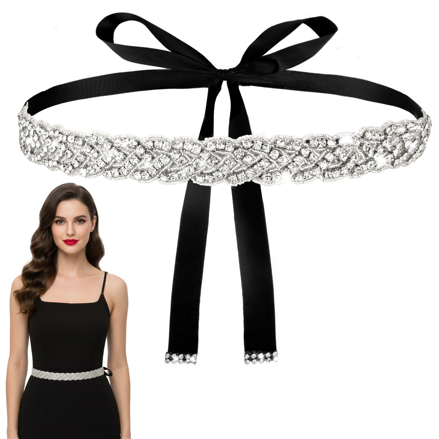 Neyauo Bridal Rhinestone Wedding Belt For Women, Bling Crystal Elastic Waist Belt, Adjustable Ribbon Belt For Dress Party