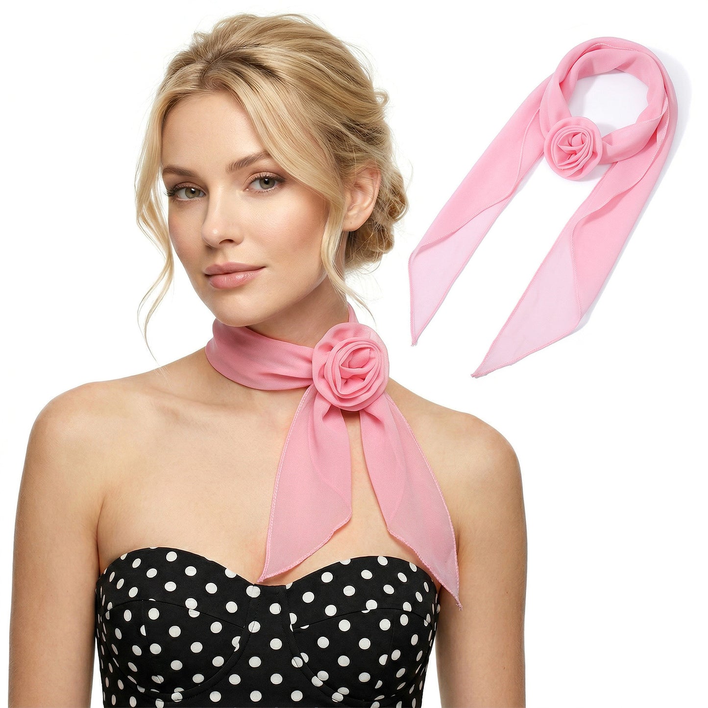 Pink Chiffon Scarf Detachable Rose Flower Neck Scarf for Women Elegant Long Headband Head Scarves Bandana Versatile Neckerchief for Women