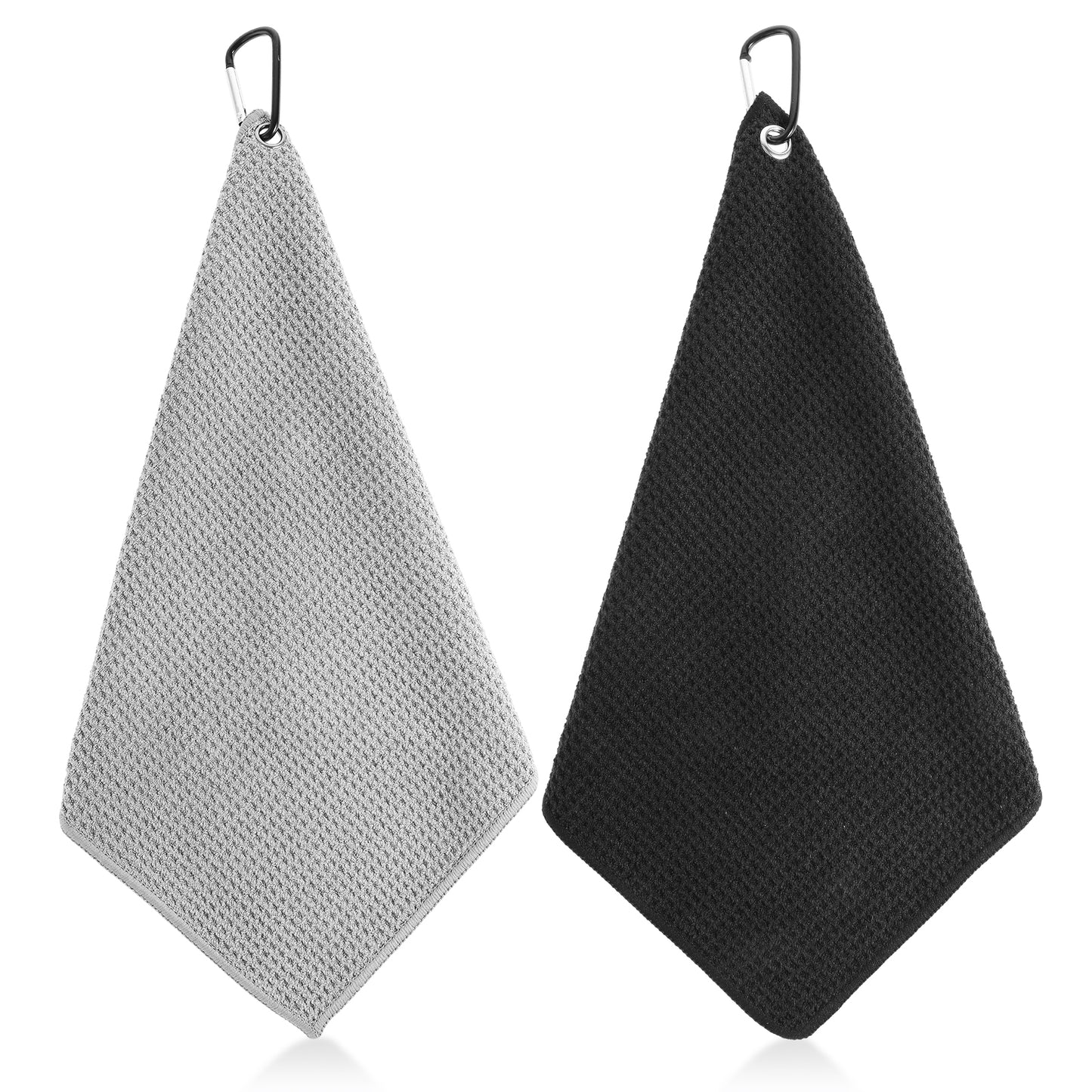 Lusofie 2Pcs Golf Towel with Carabiner Waffle Pattern Golf Bag Towel Microfiber Fabric Golf Towel for Golf Bag Trolly Belt Loop (Black,Grey)
