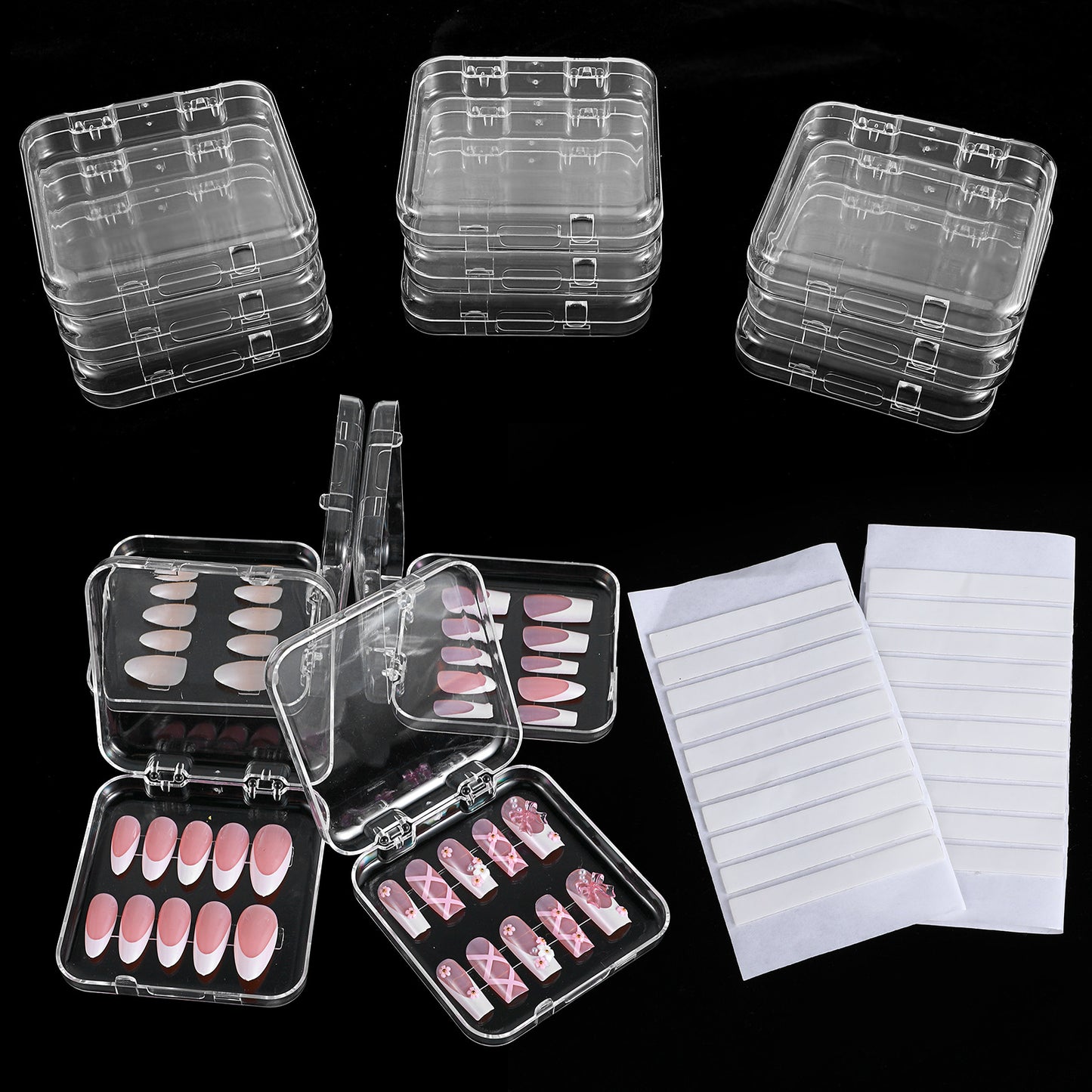 Yolev 9 Pcs Press On Nail Packaging Box with 30 Pcs Adhesive Double Sided Tape Acrylic Press on Nail Case Clear Nails Packaging for Press Ons Artificial False Nails Display Container Supplies