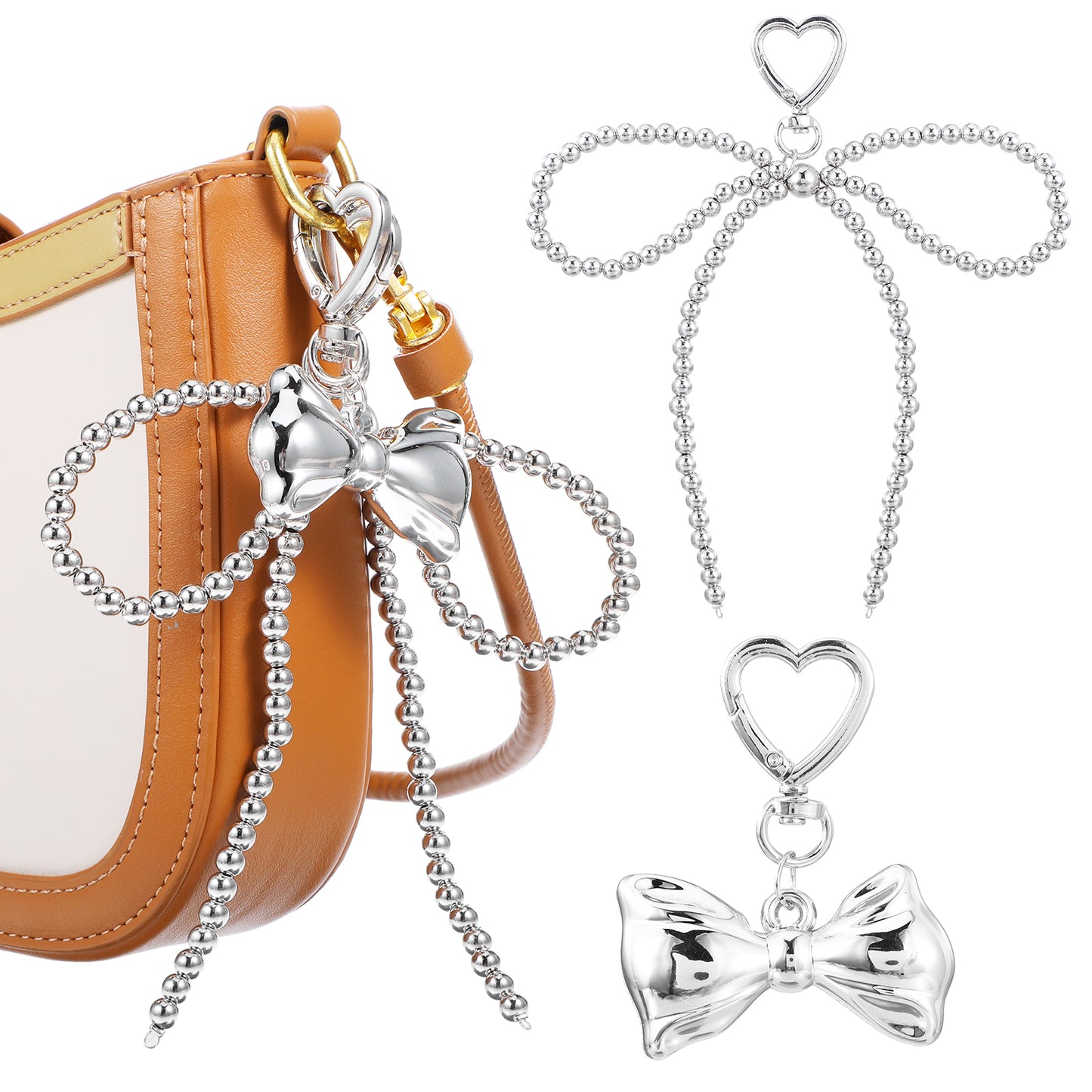 Telooco 2Pcs Bow Keychain Silver Bow Keychain for Purse Kawaii Bowknot Bag Charms Beaded Pearl Bows Key Chain Cute Keychains for Women Bag Phone Accessories