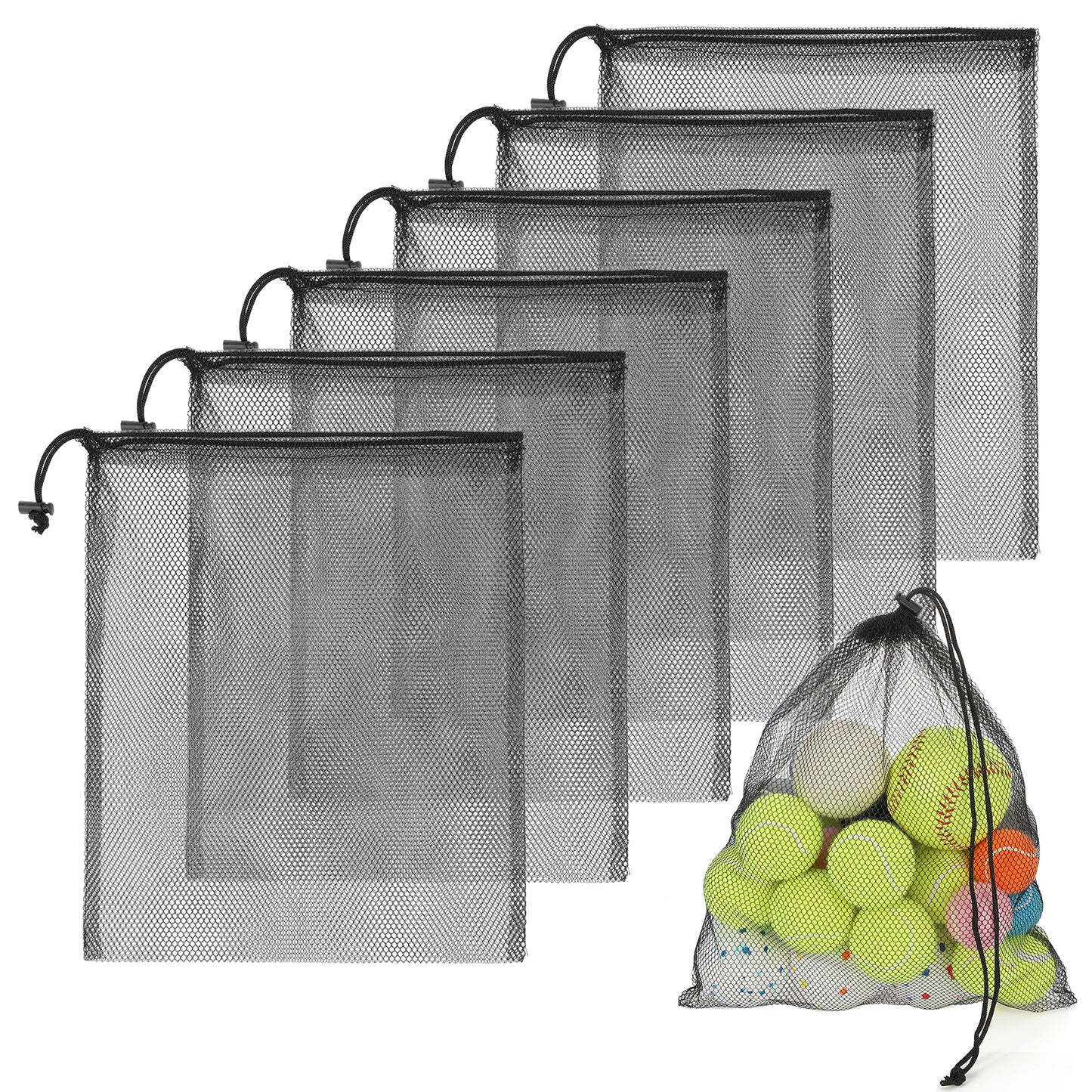 HekouJiub 6Pcs Mesh Drawstring Bag - 13.4" x 15.5" Portable Mesh Storage Bags Durable Sports Equipment Net Bag for Outdoor Activities Camping Travel (Black)