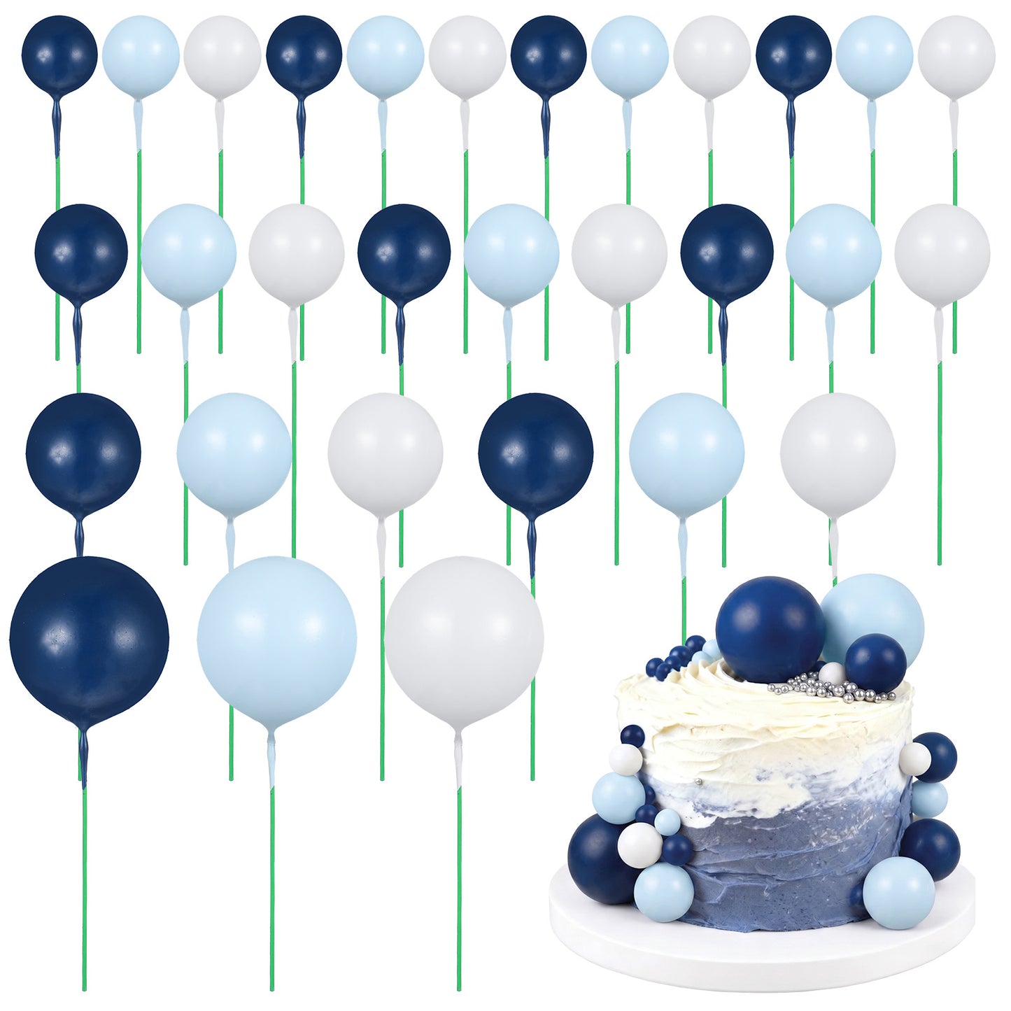 30Pcs Blue Cake Balls Decorations - Ball Cake Toppers For Wedding Baby Shower Birthday Party Foam Ball Shaped Cakes Picks - Blue White Dark Blue cake balls