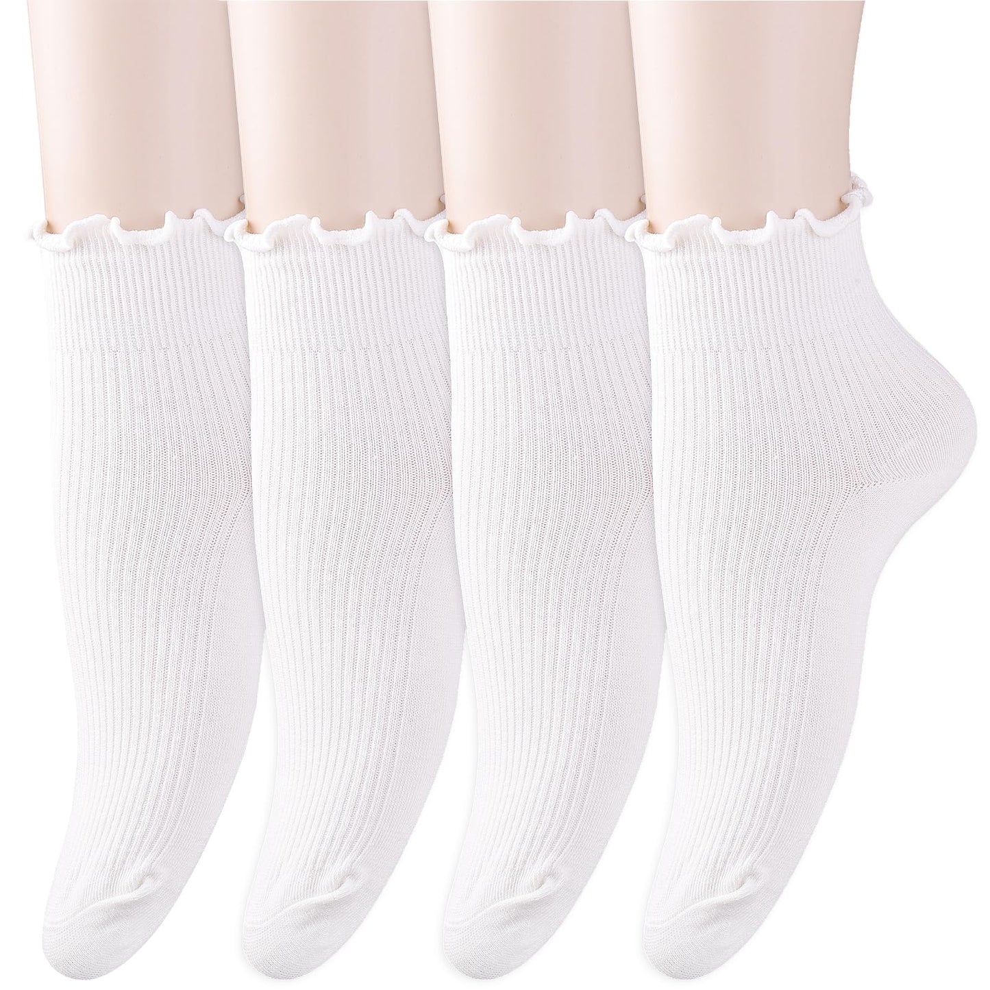 Yolev 4 Pairs Cute Ruffle Ankle Socks for Women Cotton Girls White School Socks White Frilly Lace Top Bows Dance Shimmering Soft Cotton Knit Lettuce Low Cut Frilly Crew Socks