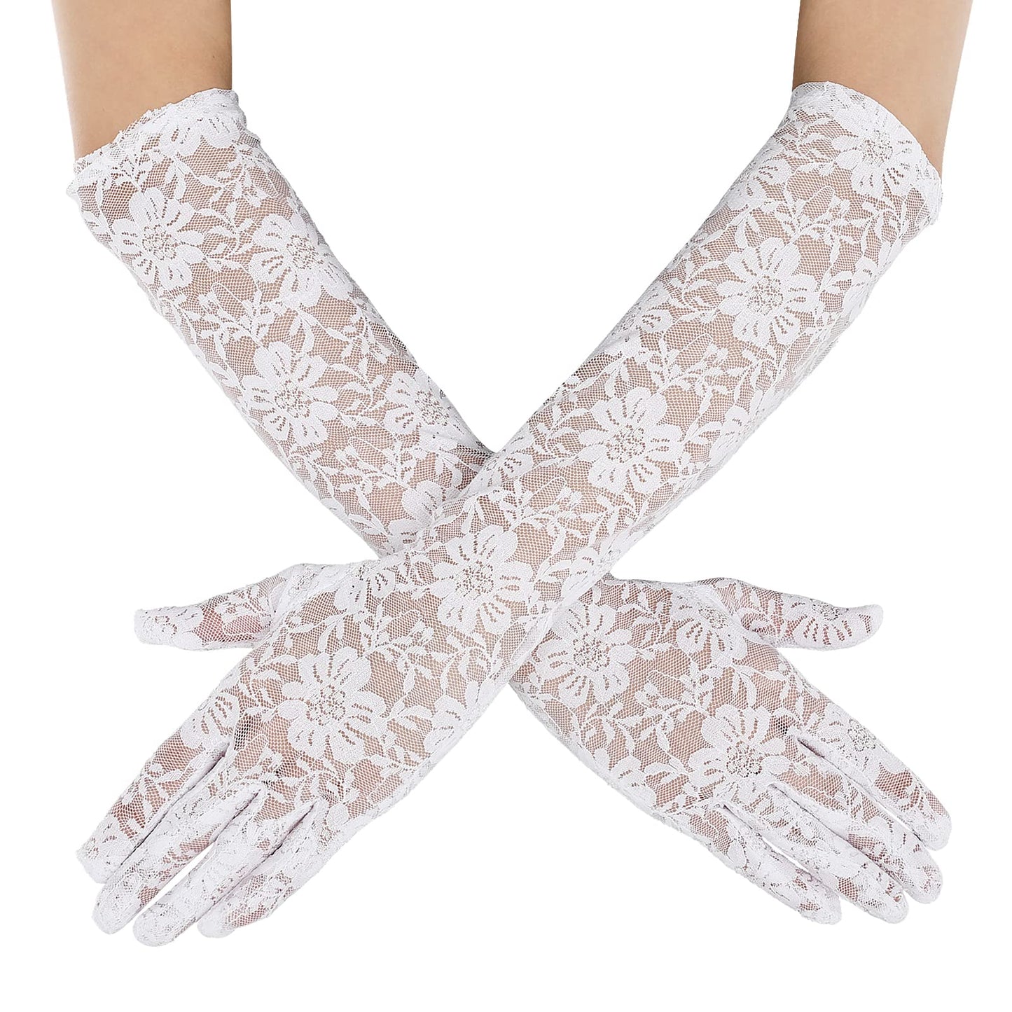 Women's Long Lace Gloves Floral Lace Gloves Bridal Wedding Gloves Prom Opera Mittens for Women Tea Party Halloween Costumes Prom Masquerade (White)