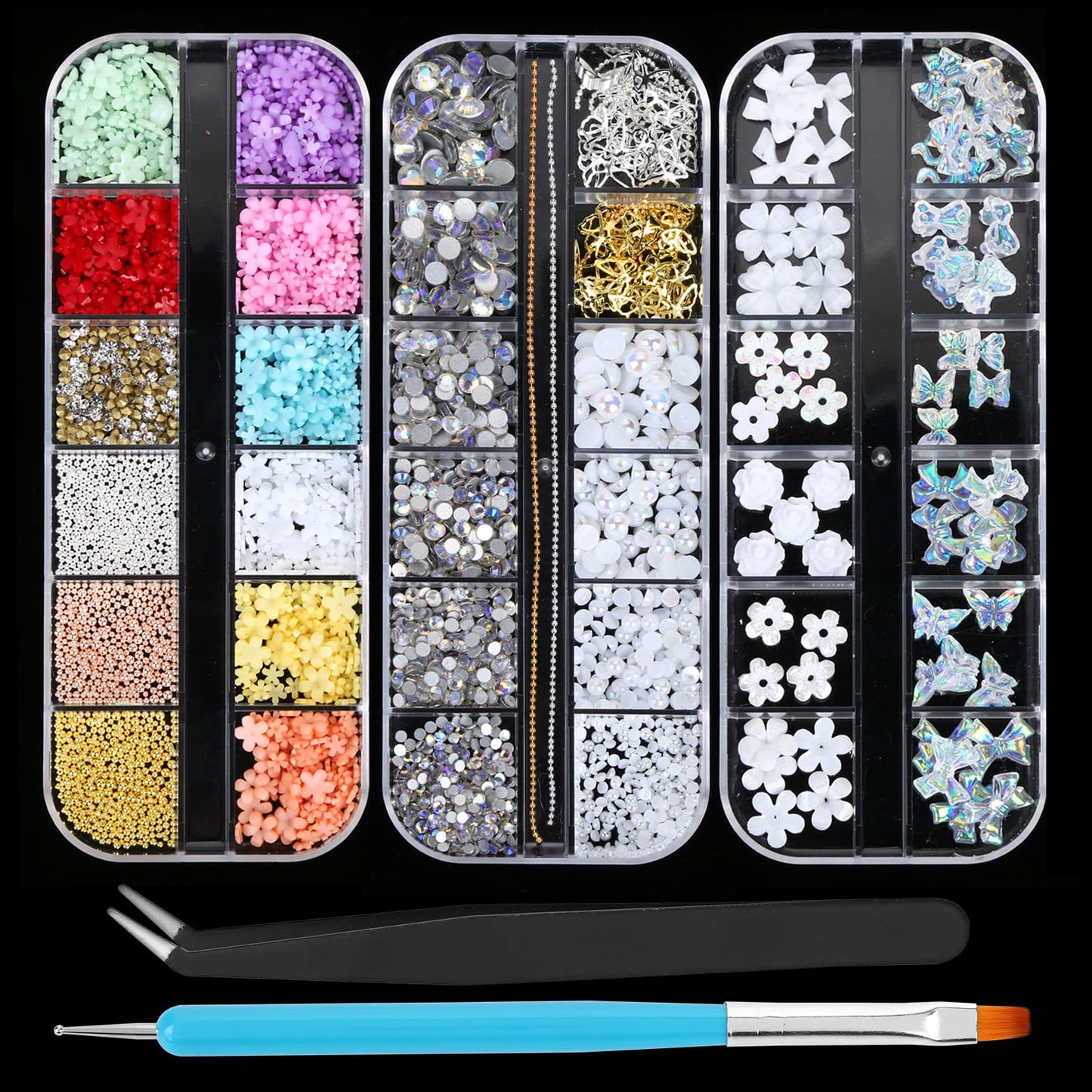Yolev 3D Nail Art Gem Decoration Accessories Kit,Acrylic Butterfly White Flowers Bear Starry AB Crystal Cute Nail Charms for Nail Art Jewelry Accessories Crafting with Dual-End Brush and Tweezer
