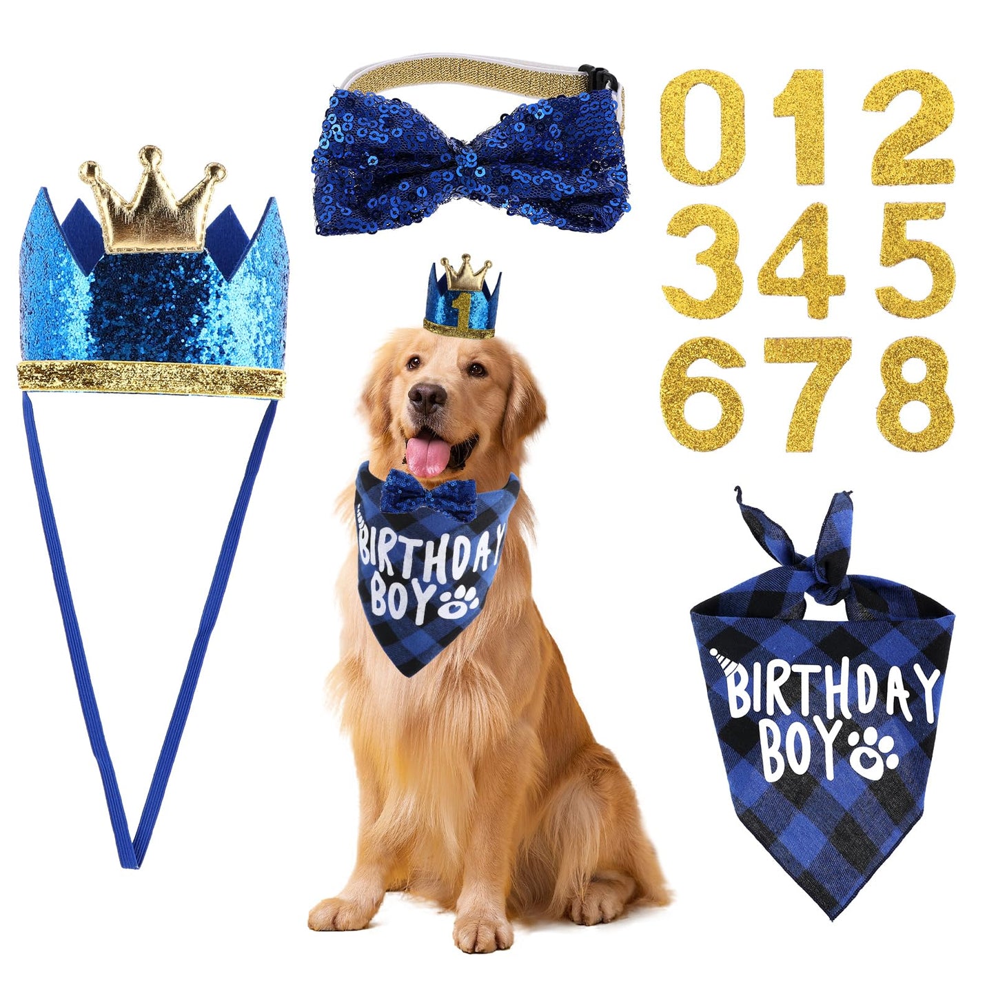 Dog Birthday Party Supplies Plaid Dog Birthday Outfit Dog Birthday Boy Bandanas with Dog Birthday Party for Large Dogs Pets (Blue, Bandana and Hat & Bow Tie & Number)