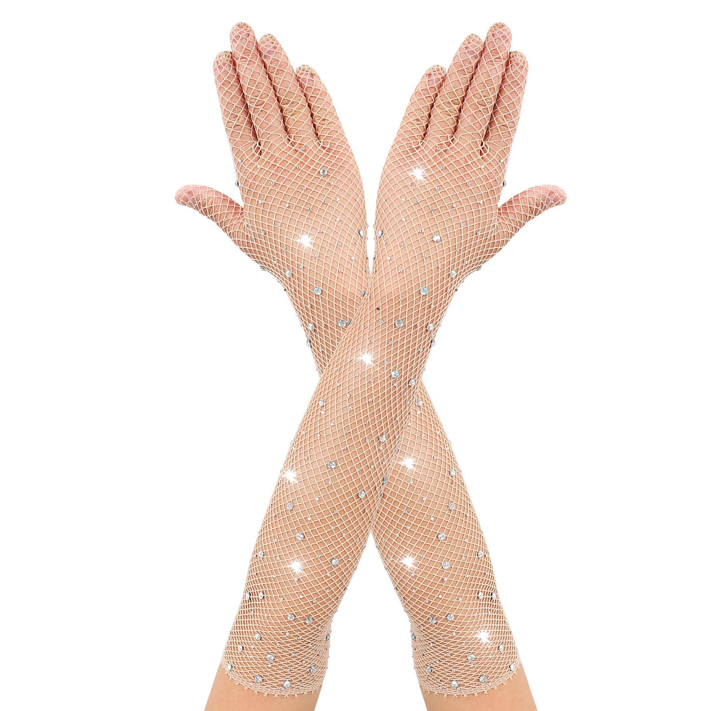 Rhinestones Long Fishnet Gloves Fish Net Gloves Full Finger Long Gloves for Women Mesh Glove for Evening Party (Skin Color)